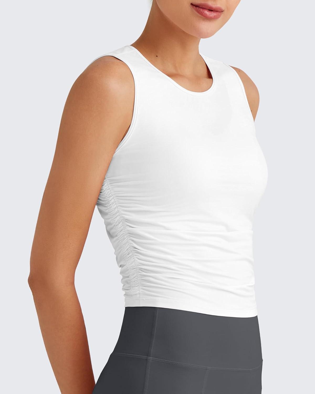 imageG4Free Lightbreeze Workout Tank Tops for Women Side Ruched Sleeveless High Neck Crop Top Summer Athletic Gym ShirtsWhite