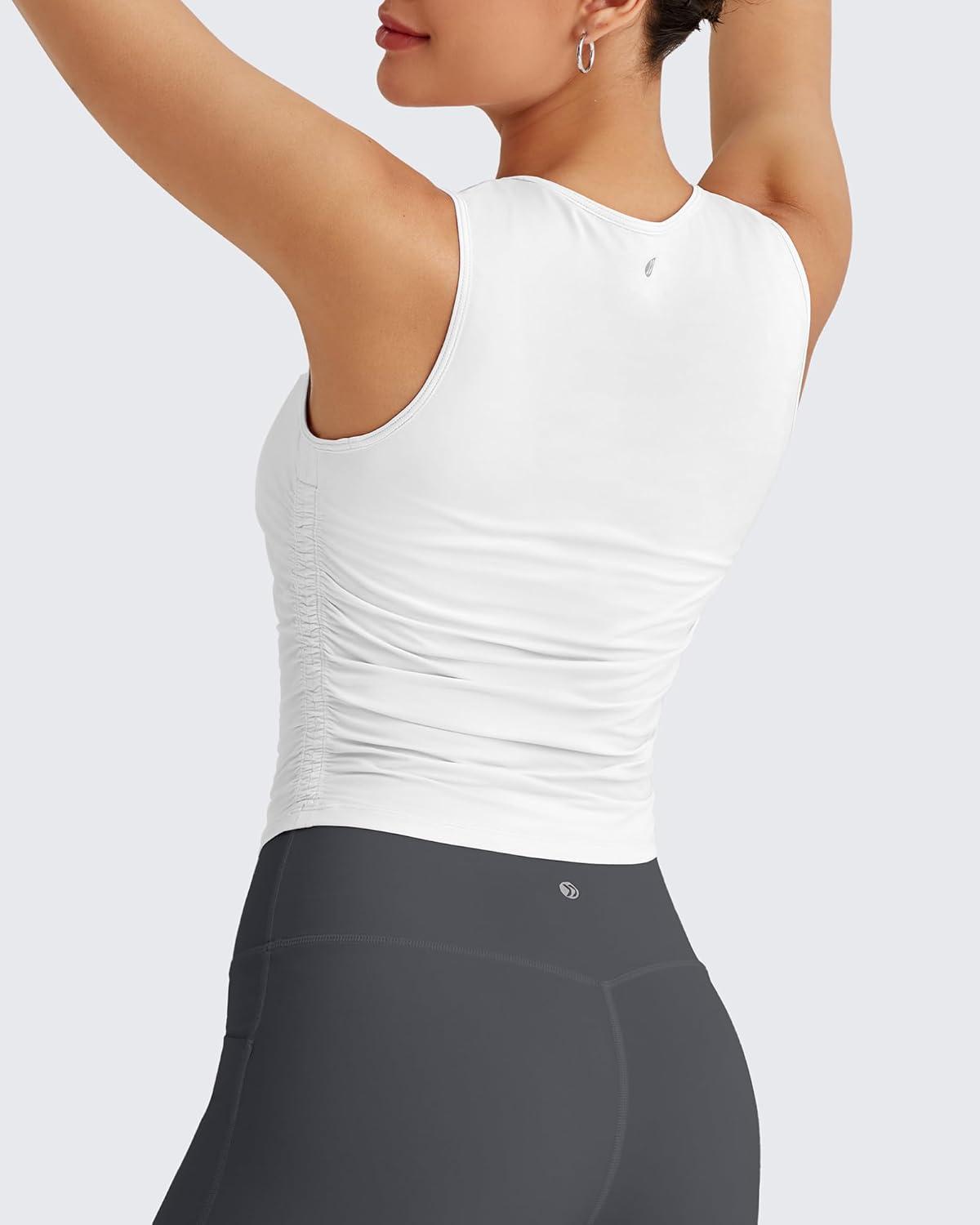 imageG4Free Lightbreeze Workout Tank Tops for Women Side Ruched Sleeveless High Neck Crop Top Summer Athletic Gym ShirtsWhite