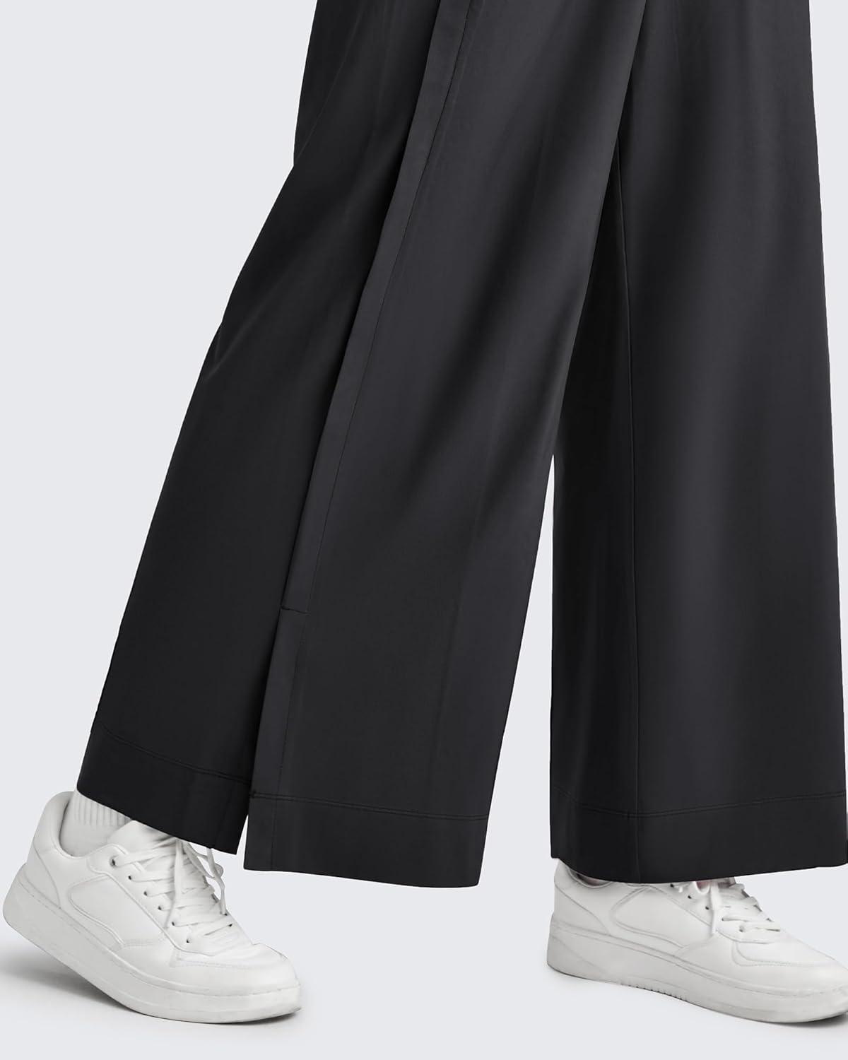 imageG4Free Lightweight Flowy Wide Leg Ankle Pants Women Side Slit High Waisted Baggy Trouser Casual Lounge SummerBlack