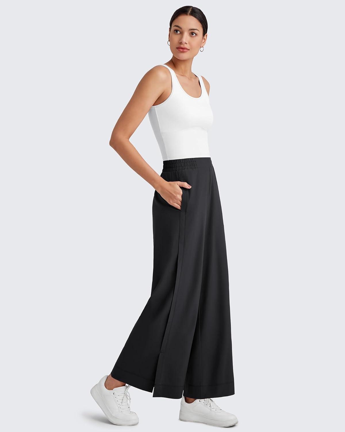imageG4Free Lightweight Flowy Wide Leg Ankle Pants Women Side Slit High Waisted Baggy Trouser Casual Lounge SummerBlack