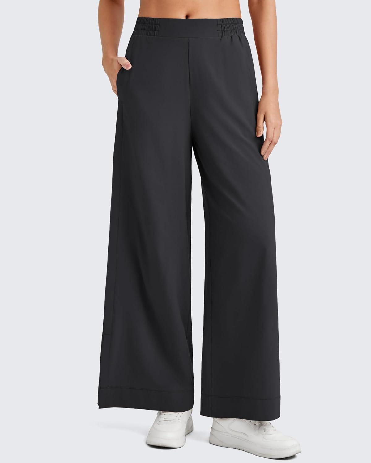imageG4Free Lightweight Flowy Wide Leg Ankle Pants Women Side Slit High Waisted Baggy Trouser Casual Lounge SummerBlack