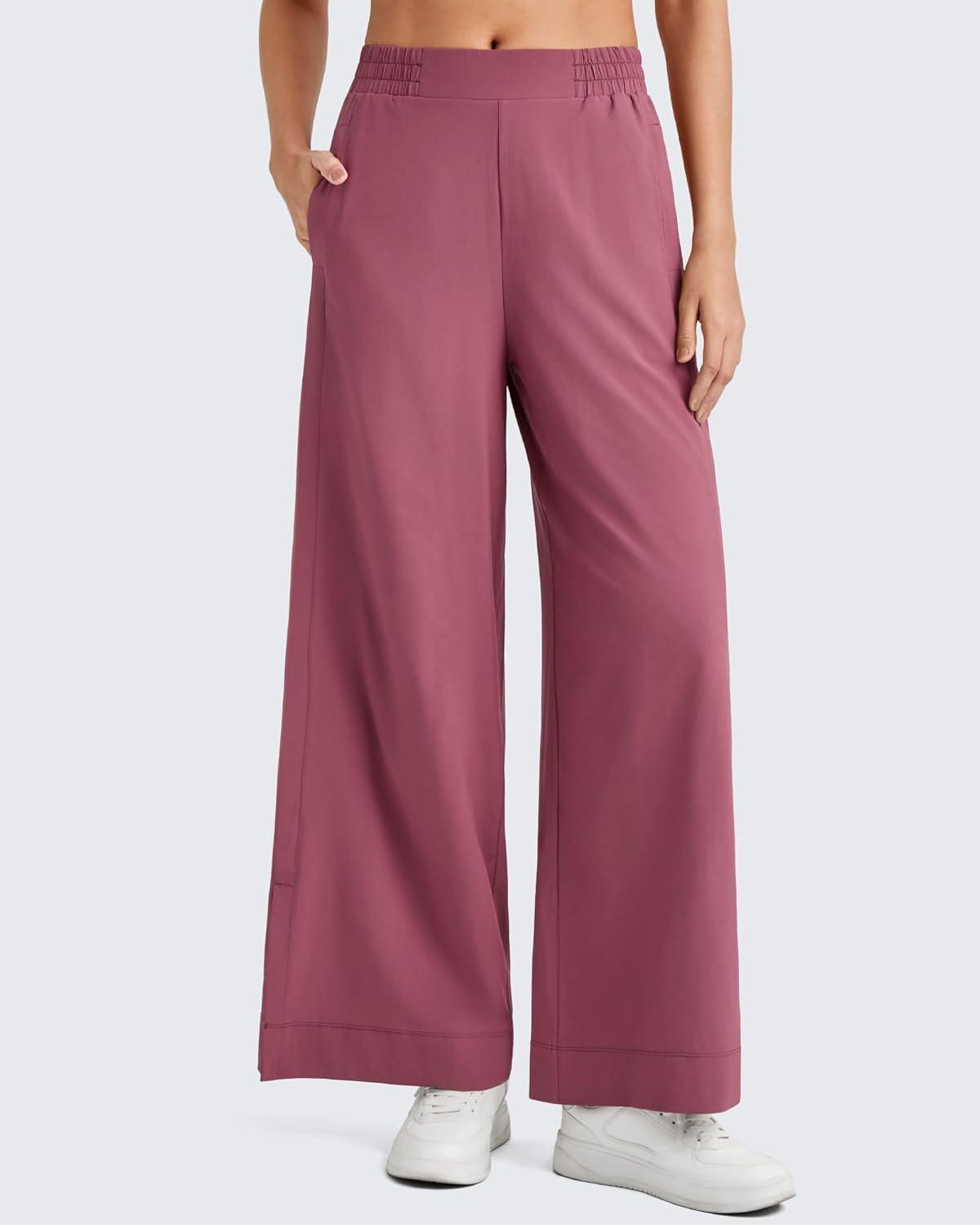 imageG4Free Lightweight Flowy Wide Leg Ankle Pants Women Side Slit High Waisted Baggy Trouser Casual Lounge SummerDark Burgundy