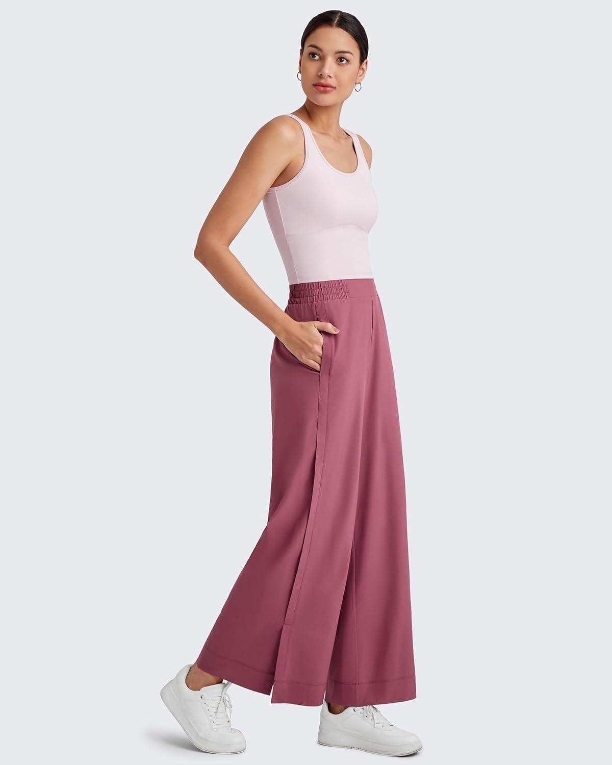 imageG4Free Lightweight Flowy Wide Leg Ankle Pants Women Side Slit High Waisted Baggy Trouser Casual Lounge SummerDark Burgundy