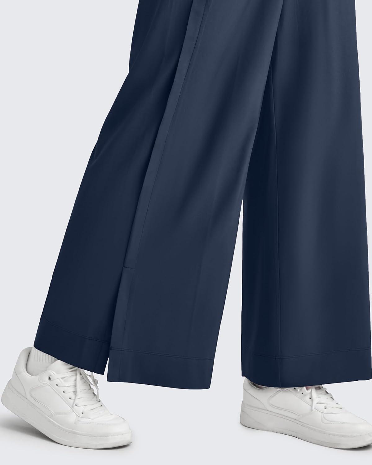 imageG4Free Lightweight Flowy Wide Leg Ankle Pants Women Side Slit High Waisted Baggy Trouser Casual Lounge SummerDark Navy