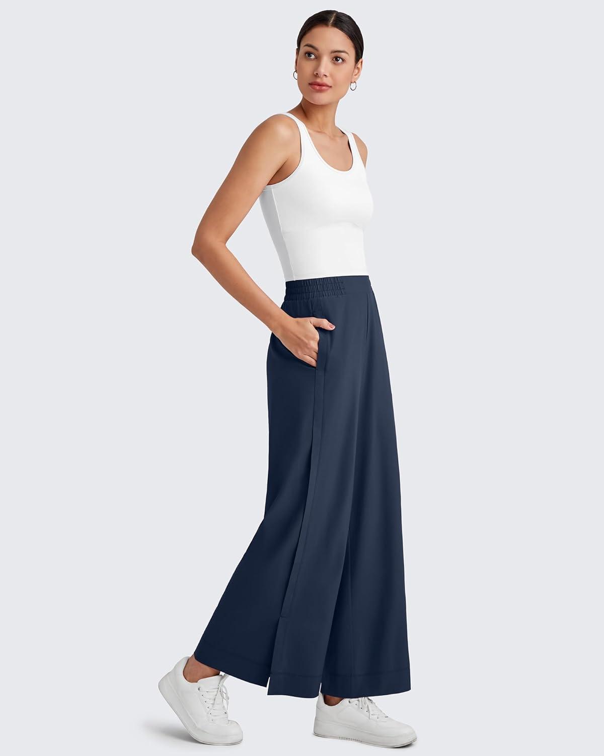 imageG4Free Lightweight Flowy Wide Leg Ankle Pants Women Side Slit High Waisted Baggy Trouser Casual Lounge SummerDark Navy