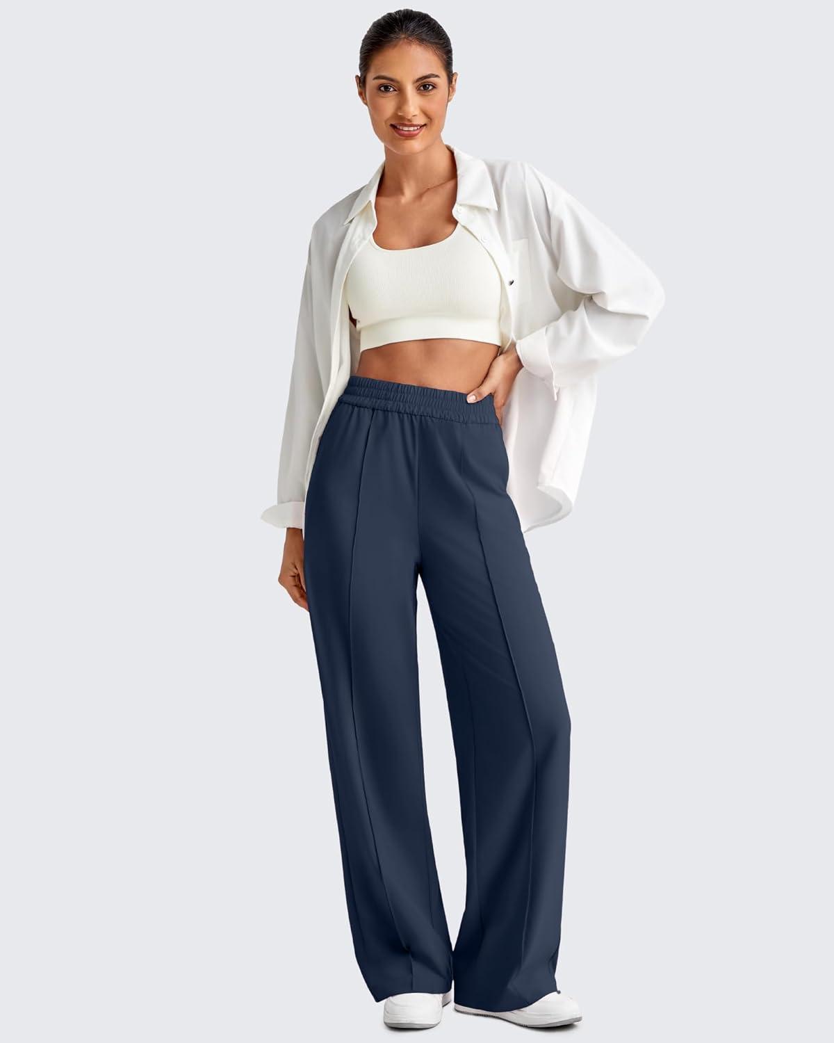 imageG4Free Lightweight Flowy Wide Leg Pants Woman Elastic Waist Front Seam Loose Casual Summer TrousersDark Blue