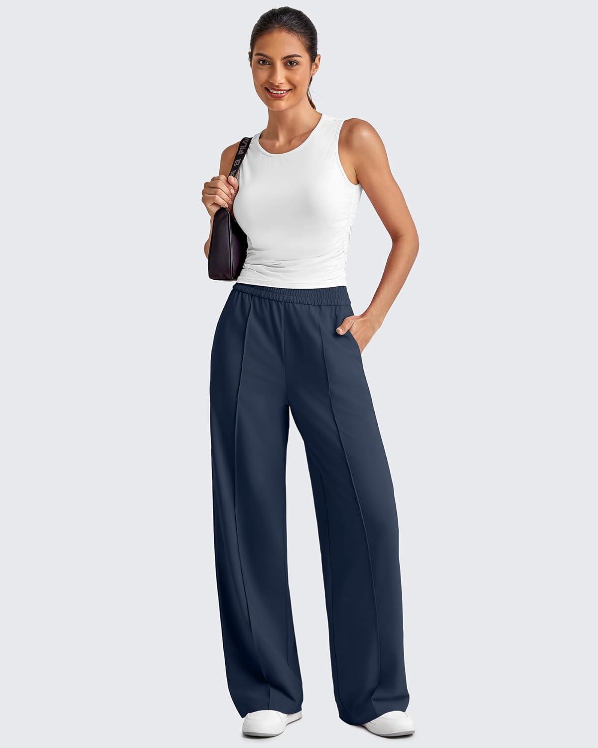 imageG4Free Lightweight Flowy Wide Leg Pants Woman Elastic Waist Front Seam Loose Casual Summer TrousersDark Blue