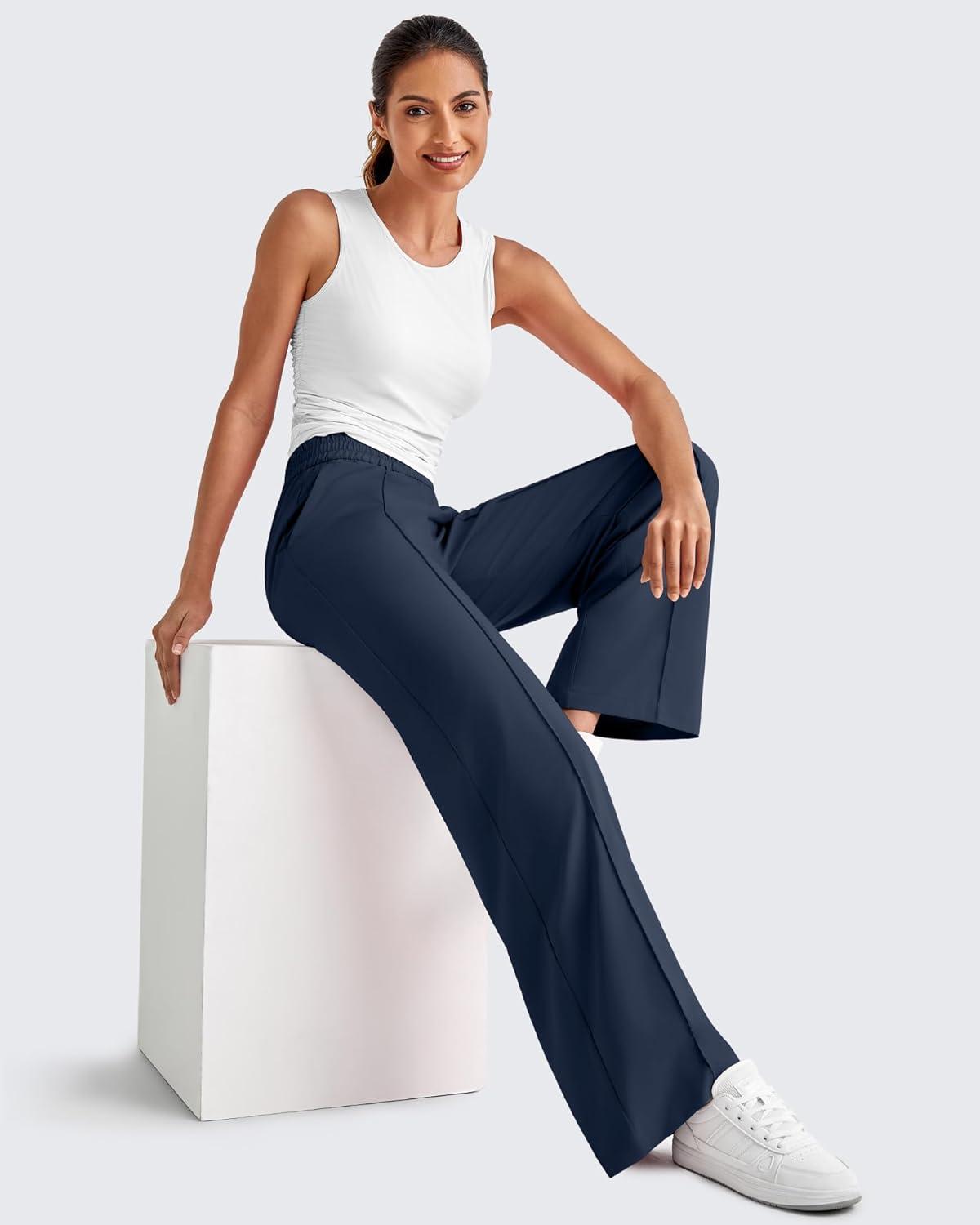 imageG4Free Lightweight Flowy Wide Leg Pants Woman Elastic Waist Front Seam Loose Casual Summer TrousersDark Blue