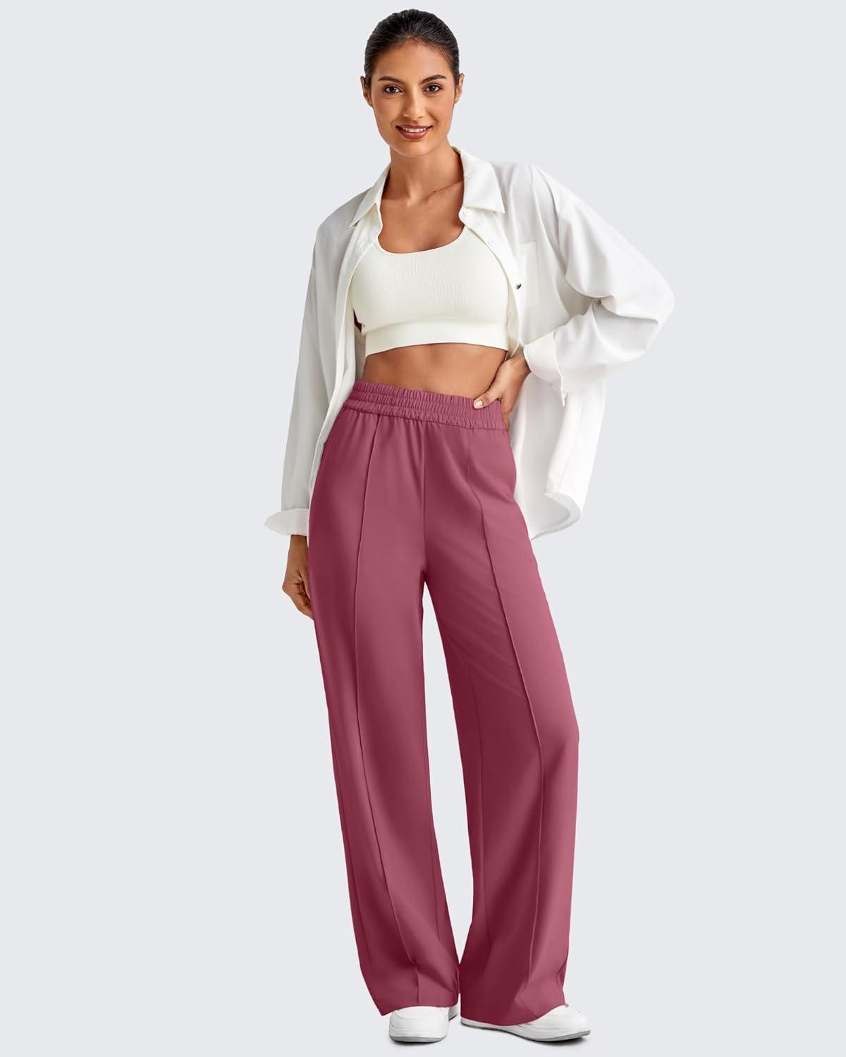 imageG4Free Lightweight Flowy Wide Leg Pants Woman Elastic Waist Front Seam Loose Casual Summer TrousersWine