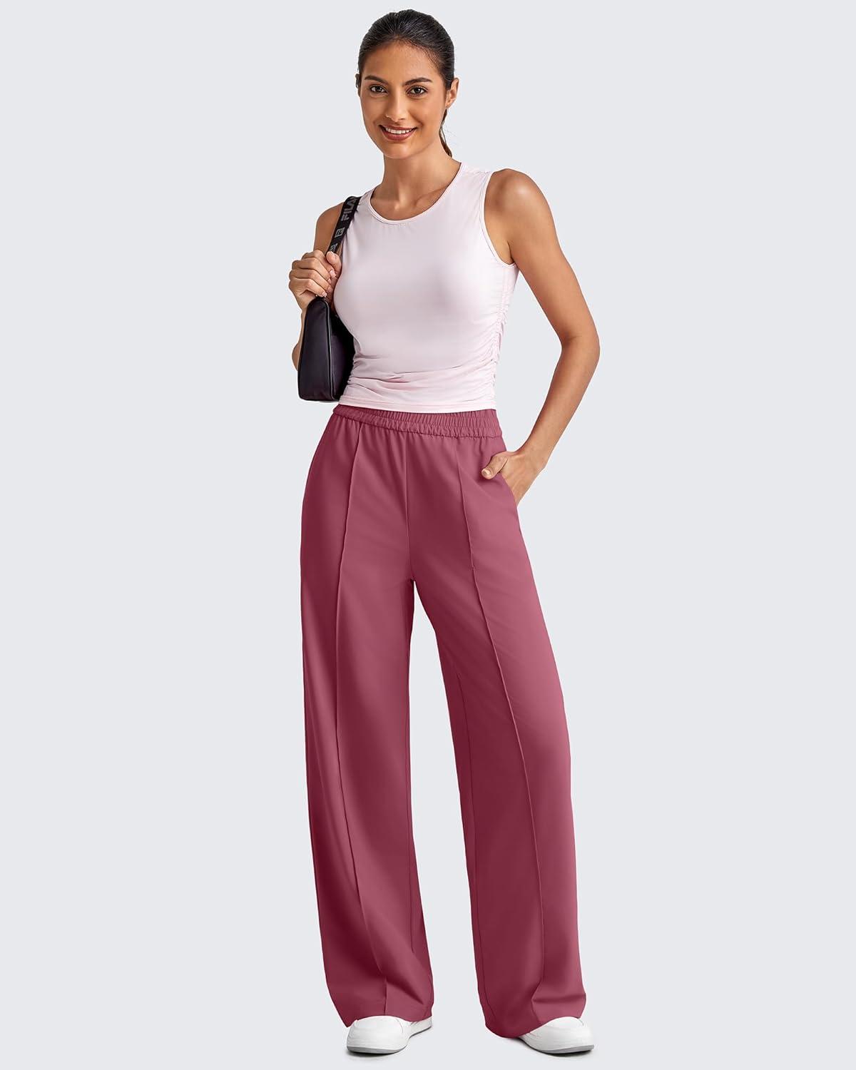 imageG4Free Lightweight Flowy Wide Leg Pants Woman Elastic Waist Front Seam Loose Casual Summer TrousersWine