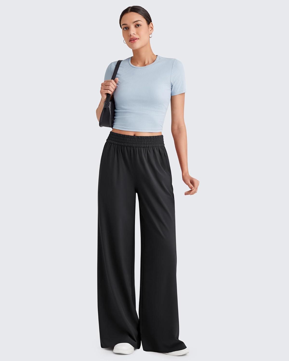 imageG4Free Lightweight Flowy Wide Leg Pants Women with Pockets Baggy High Waisted Lounge Trousers SummerBlack