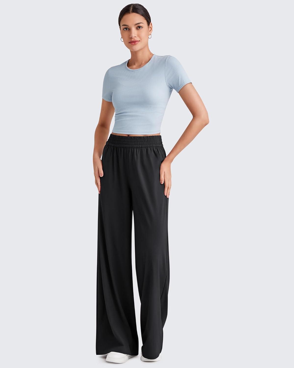 imageG4Free Lightweight Flowy Wide Leg Pants Women with Pockets Baggy High Waisted Lounge Trousers SummerBlack