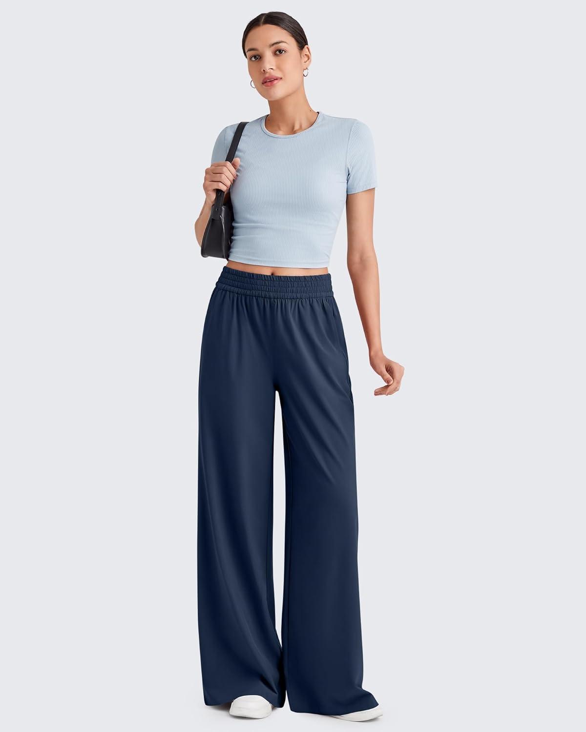 imageG4Free Lightweight Flowy Wide Leg Pants Women with Pockets Baggy High Waisted Lounge Trousers SummerDark Blue