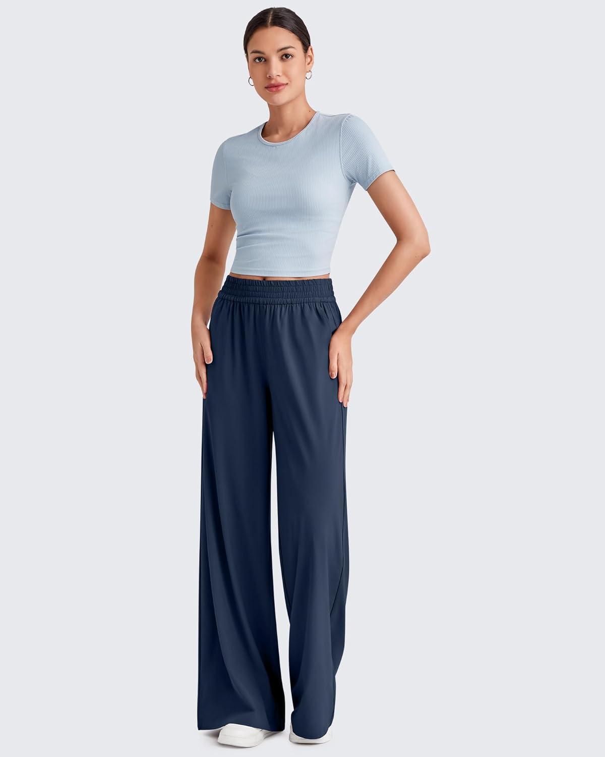 imageG4Free Lightweight Flowy Wide Leg Pants Women with Pockets Baggy High Waisted Lounge Trousers SummerDark Blue