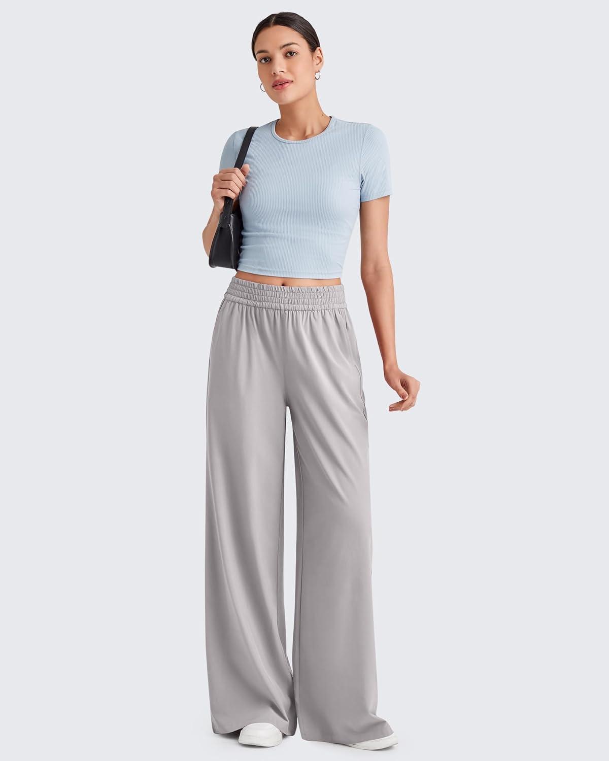 imageG4Free Lightweight Flowy Wide Leg Pants Women with Pockets Baggy High Waisted Lounge Trousers SummerGrey