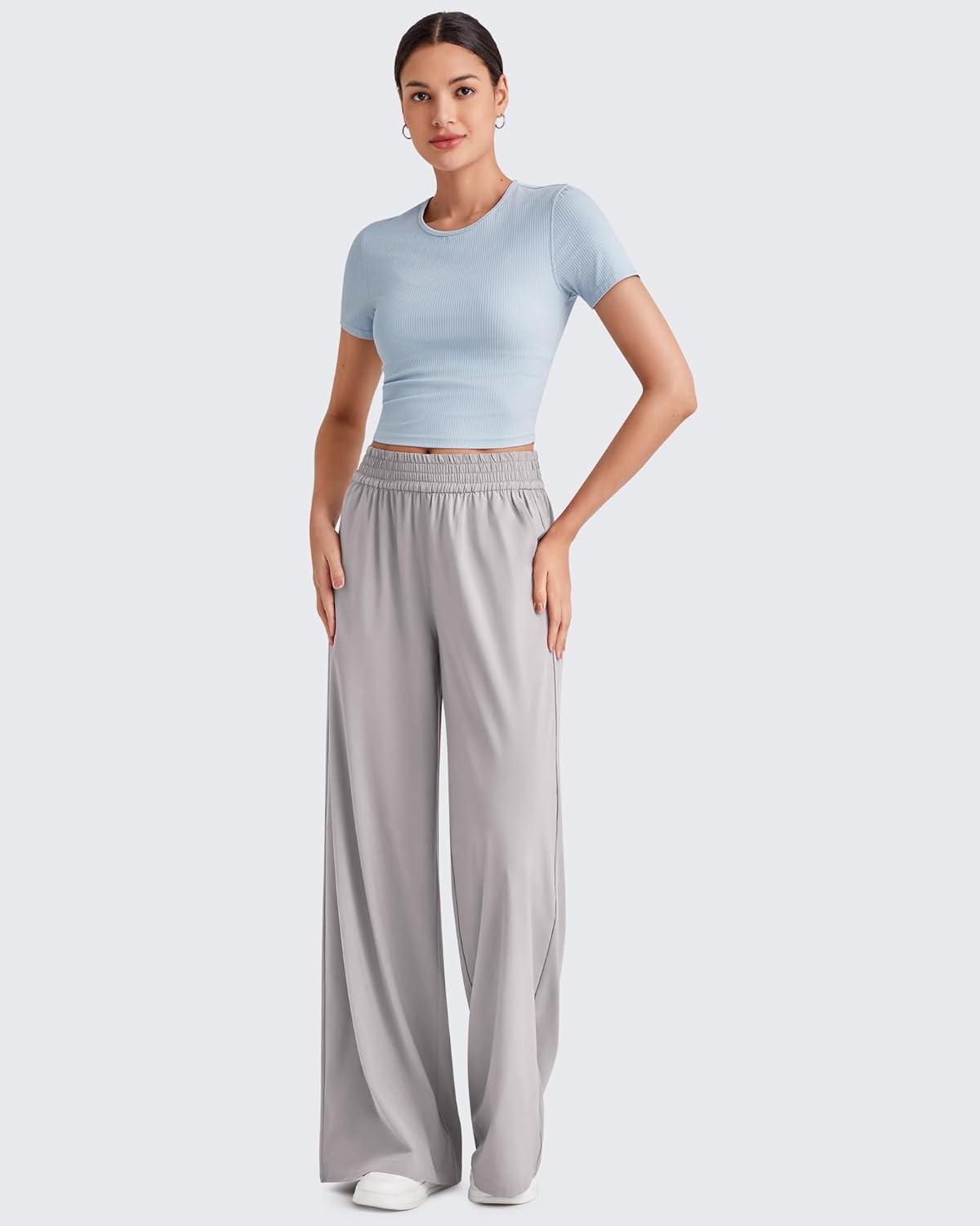 imageG4Free Lightweight Flowy Wide Leg Pants Women with Pockets Baggy High Waisted Lounge Trousers SummerGrey