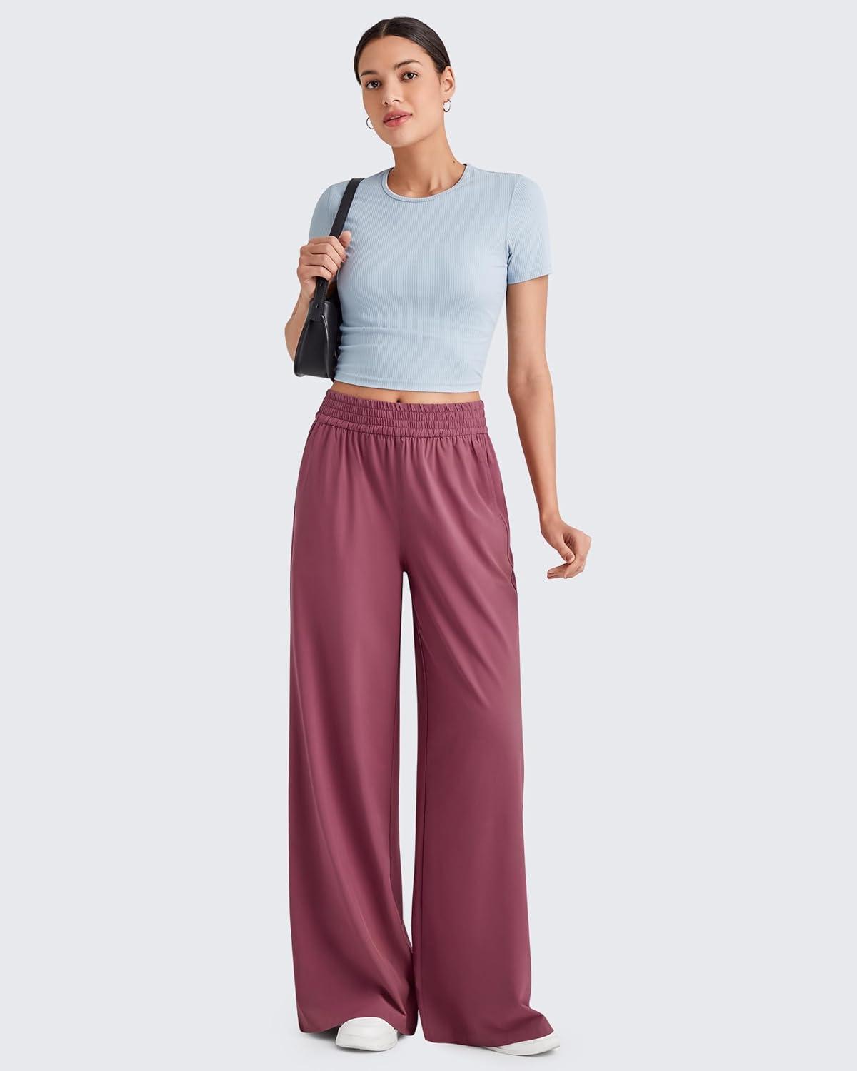 imageG4Free Lightweight Flowy Wide Leg Pants Women with Pockets Baggy High Waisted Lounge Trousers SummerWine