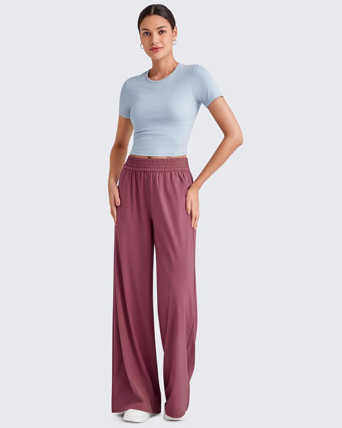 imageG4Free Lightweight Flowy Wide Leg Pants Women with Pockets Baggy High Waisted Lounge Trousers SummerWine