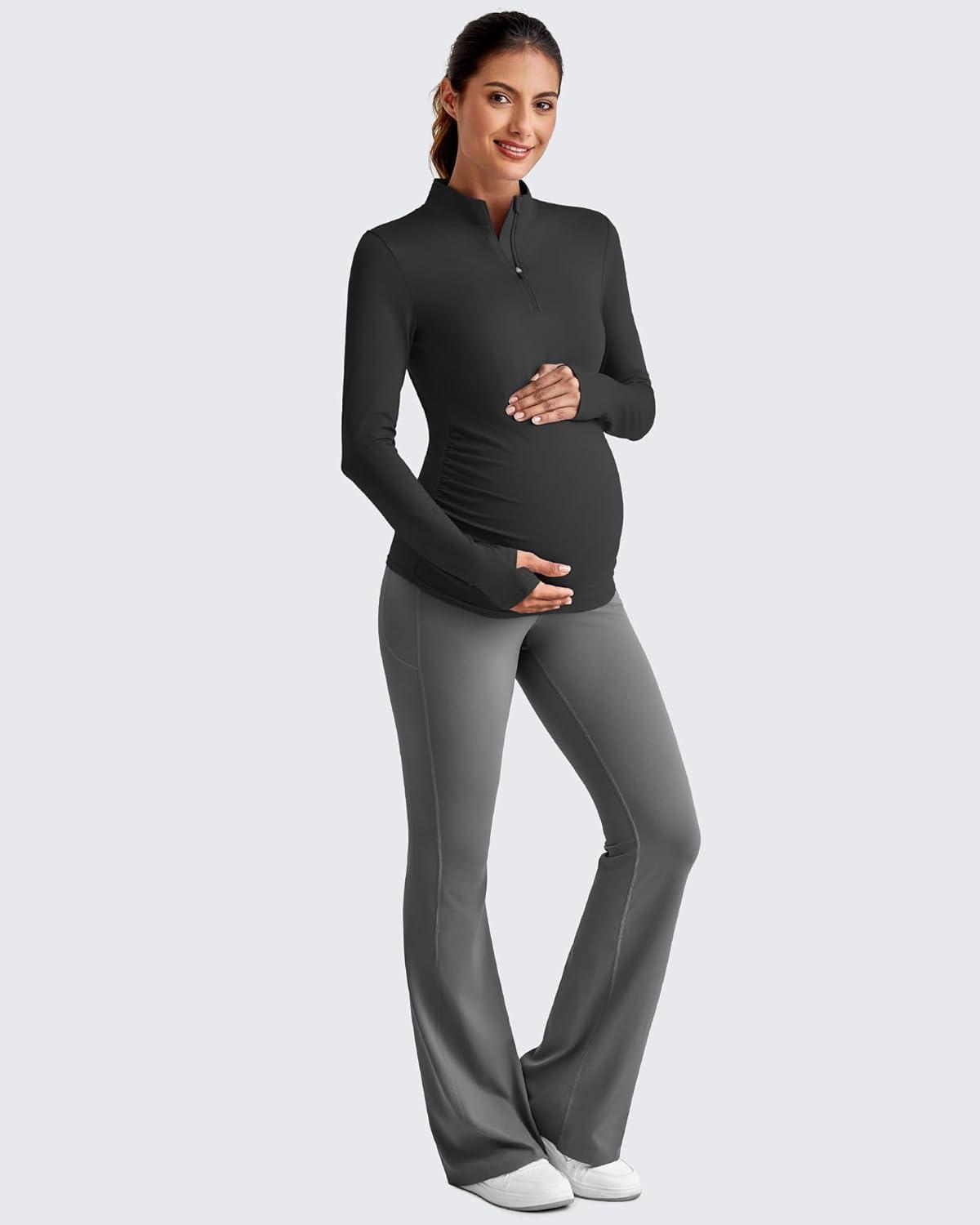 imageG4Free Lightweight Maternity Long Sleeve Workout Tops UPF 50 Rash Guard Half Zip Sun Shirts Ruches Pregnancy PulloverBlack