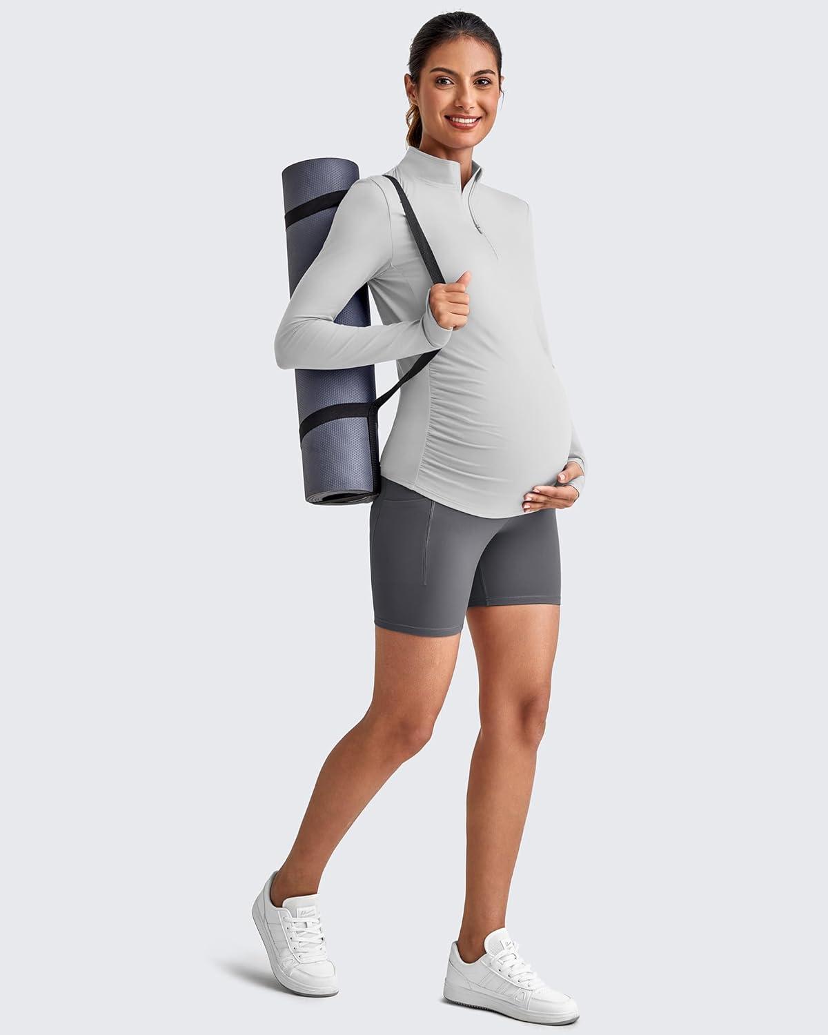 imageG4Free Lightweight Maternity Long Sleeve Workout Tops UPF 50 Rash Guard Half Zip Sun Shirts Ruches Pregnancy PulloverGray