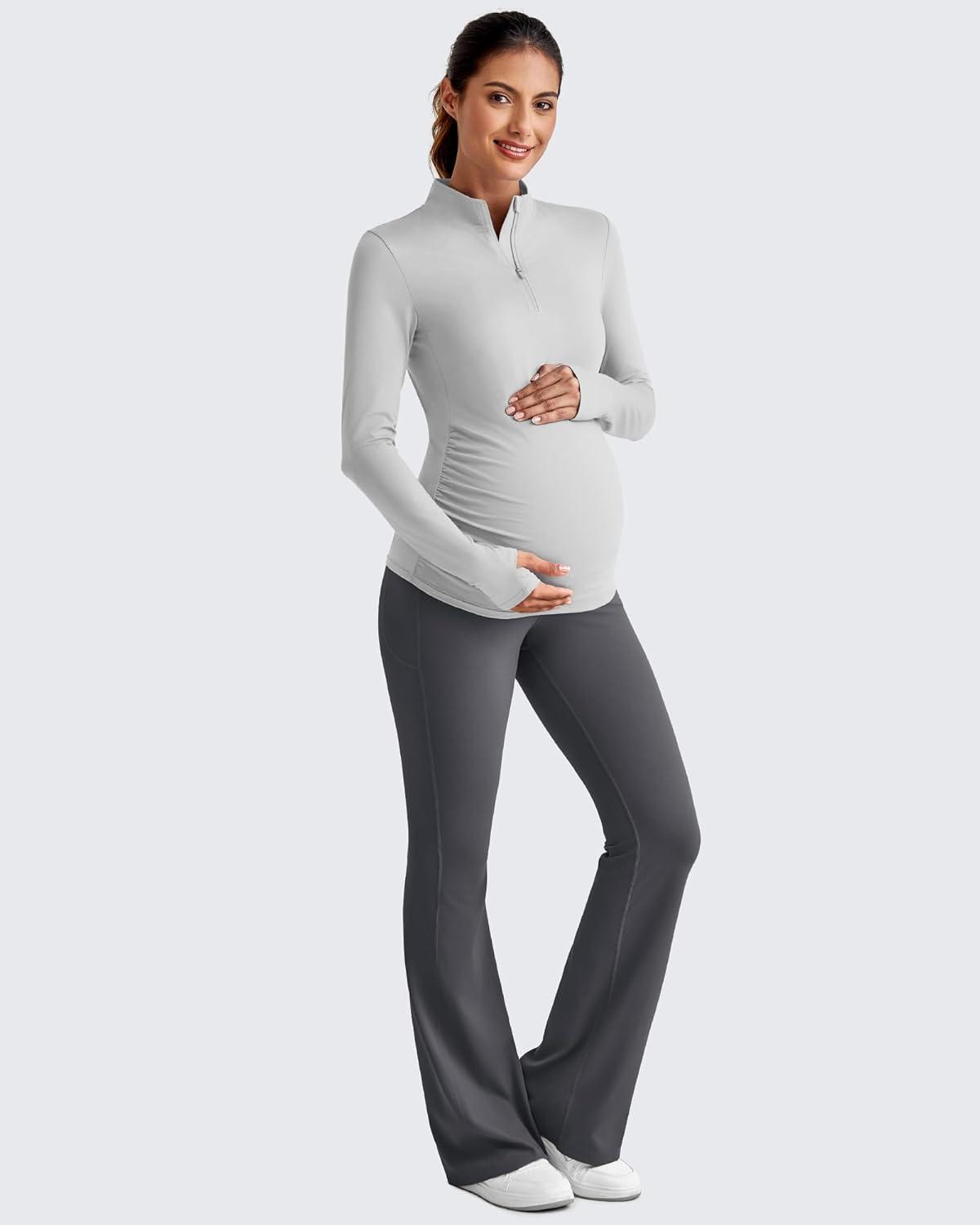 imageG4Free Lightweight Maternity Long Sleeve Workout Tops UPF 50 Rash Guard Half Zip Sun Shirts Ruches Pregnancy PulloverGray