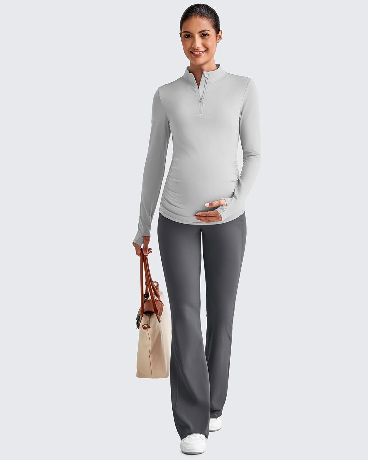 imageG4Free Lightweight Maternity Long Sleeve Workout Tops UPF 50 Rash Guard Half Zip Sun Shirts Ruches Pregnancy PulloverGray