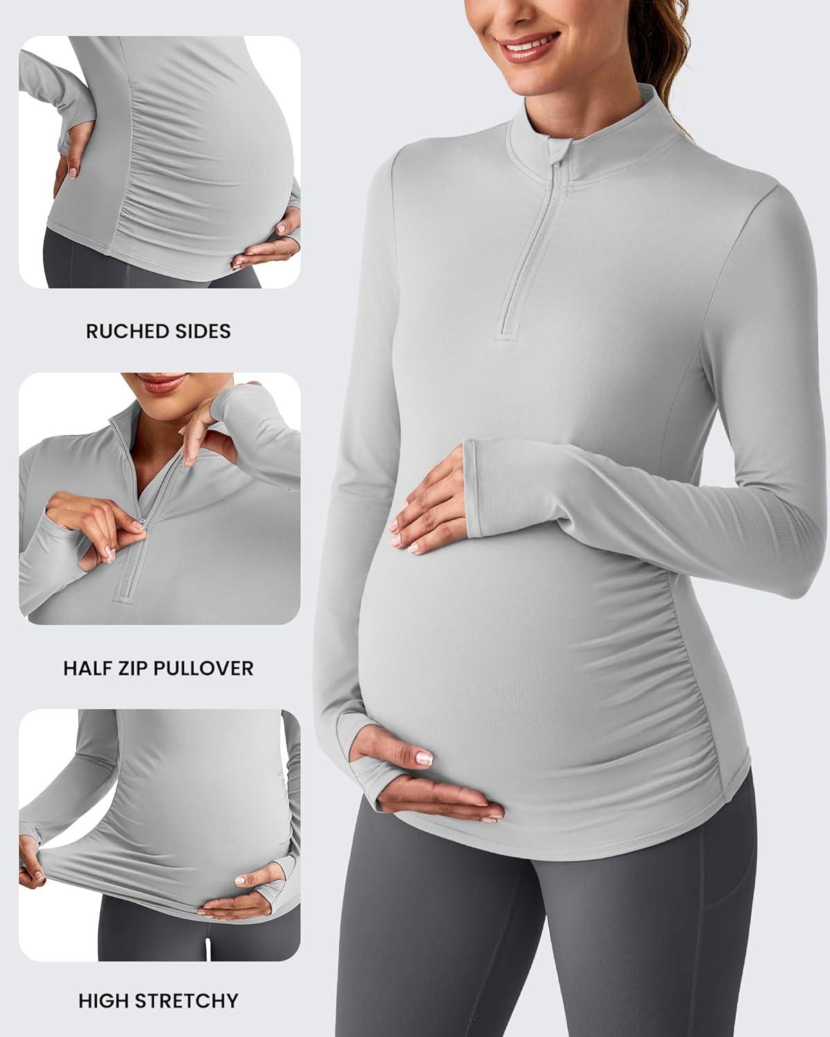 imageG4Free Lightweight Maternity Long Sleeve Workout Tops UPF 50 Rash Guard Half Zip Sun Shirts Ruches Pregnancy PulloverGray
