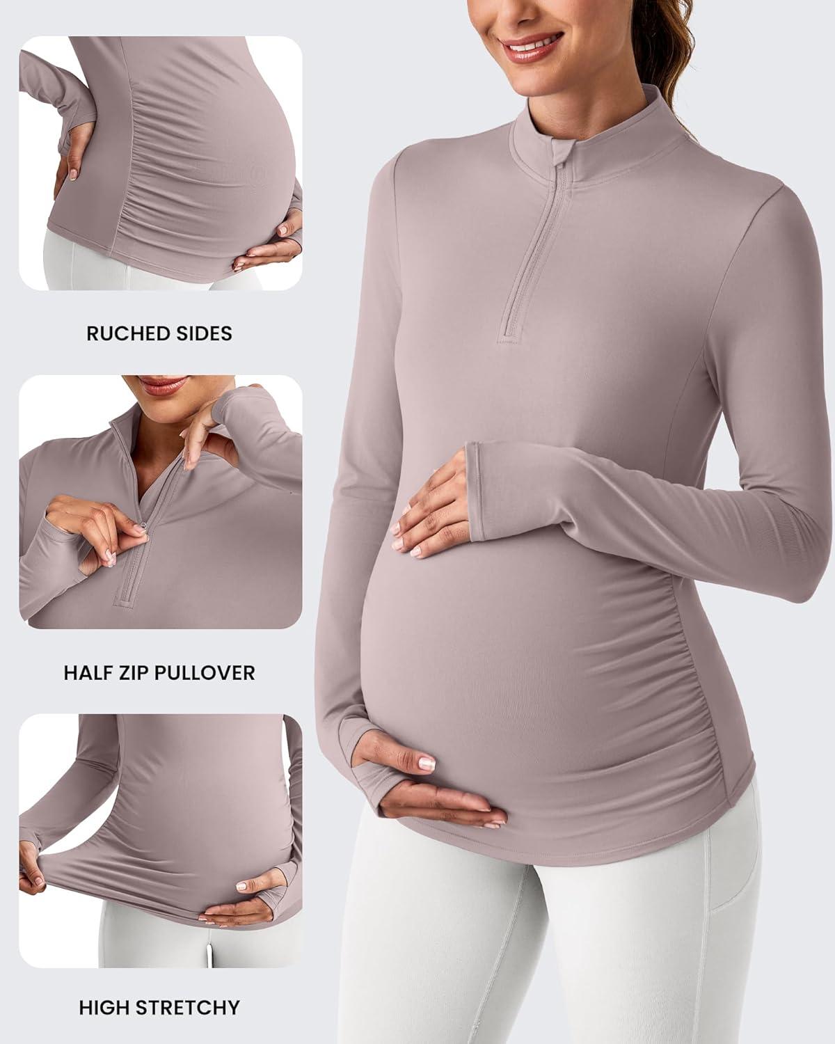 imageG4Free Lightweight Maternity Long Sleeve Workout Tops UPF 50 Rash Guard Half Zip Sun Shirts Ruches Pregnancy PulloverGray Lilac