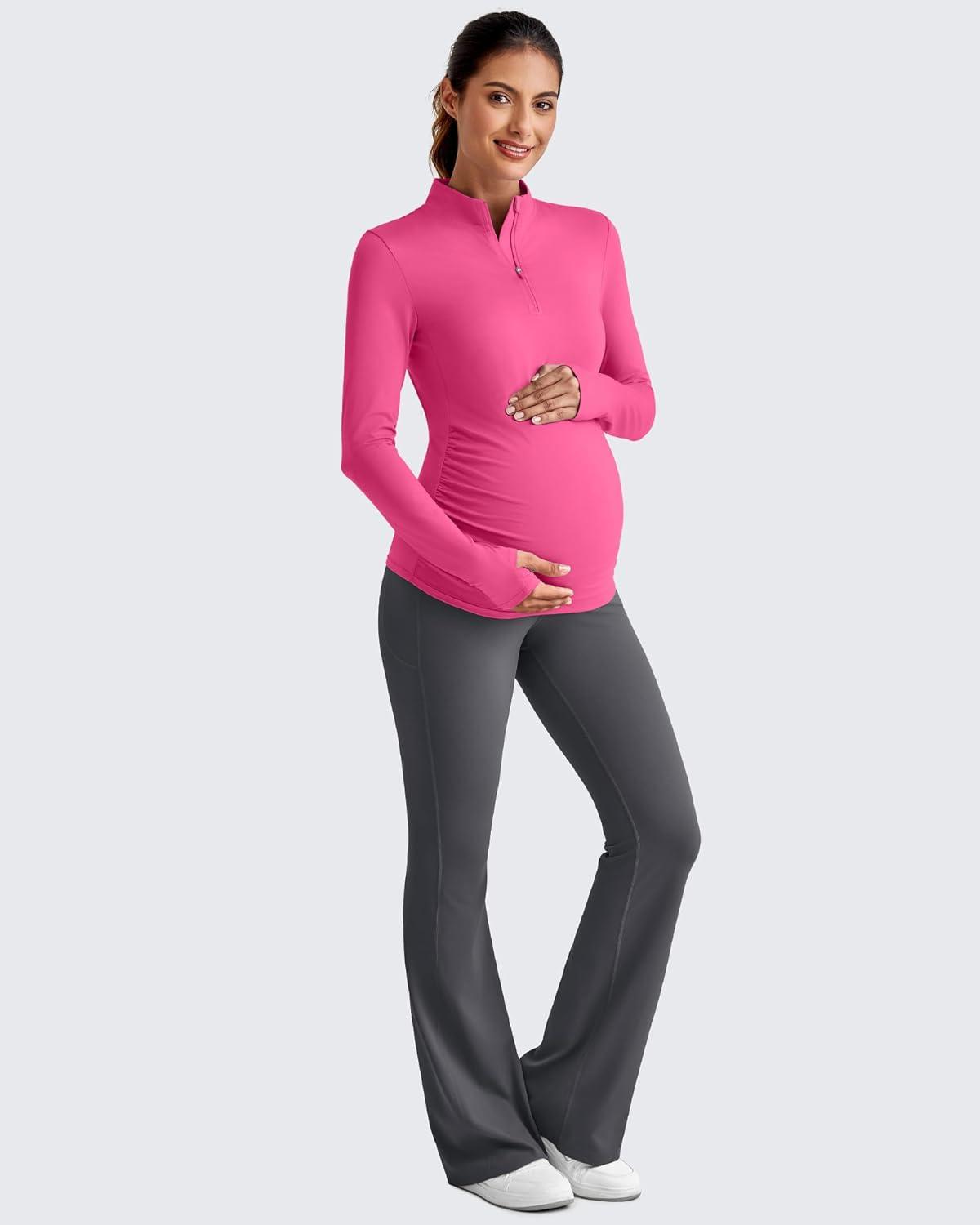 imageG4Free Lightweight Maternity Long Sleeve Workout Tops UPF 50 Rash Guard Half Zip Sun Shirts Ruches Pregnancy PulloverHot Pink