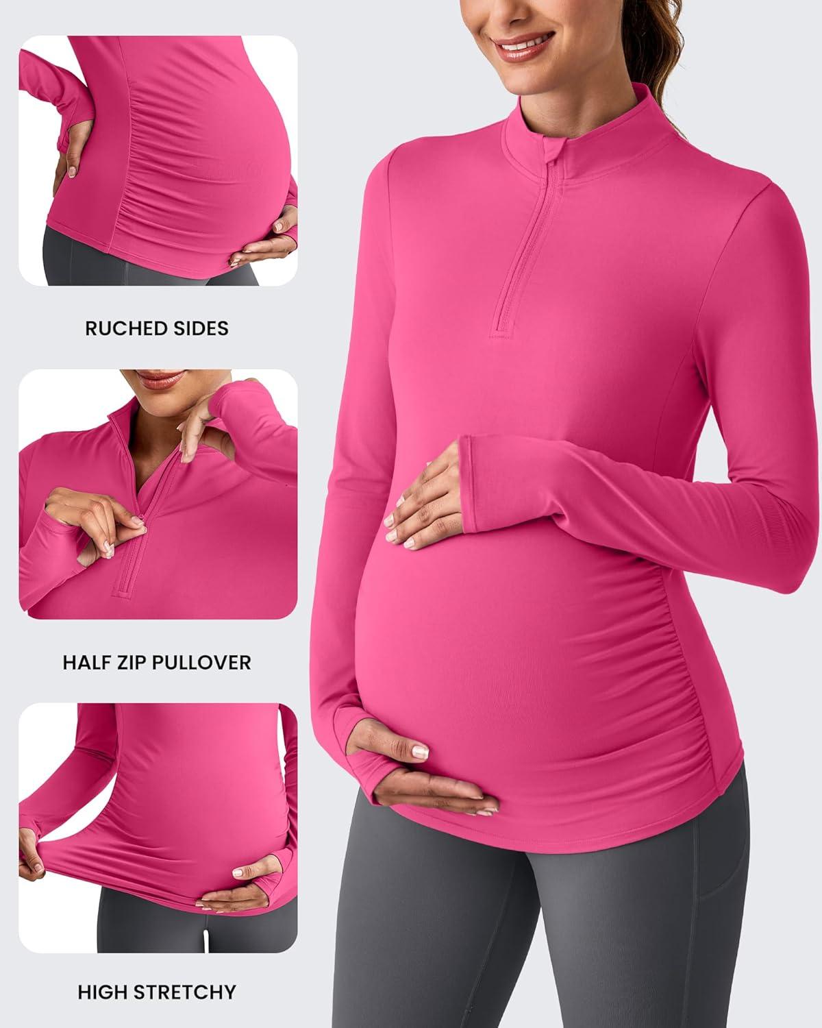 imageG4Free Lightweight Maternity Long Sleeve Workout Tops UPF 50 Rash Guard Half Zip Sun Shirts Ruches Pregnancy PulloverHot Pink