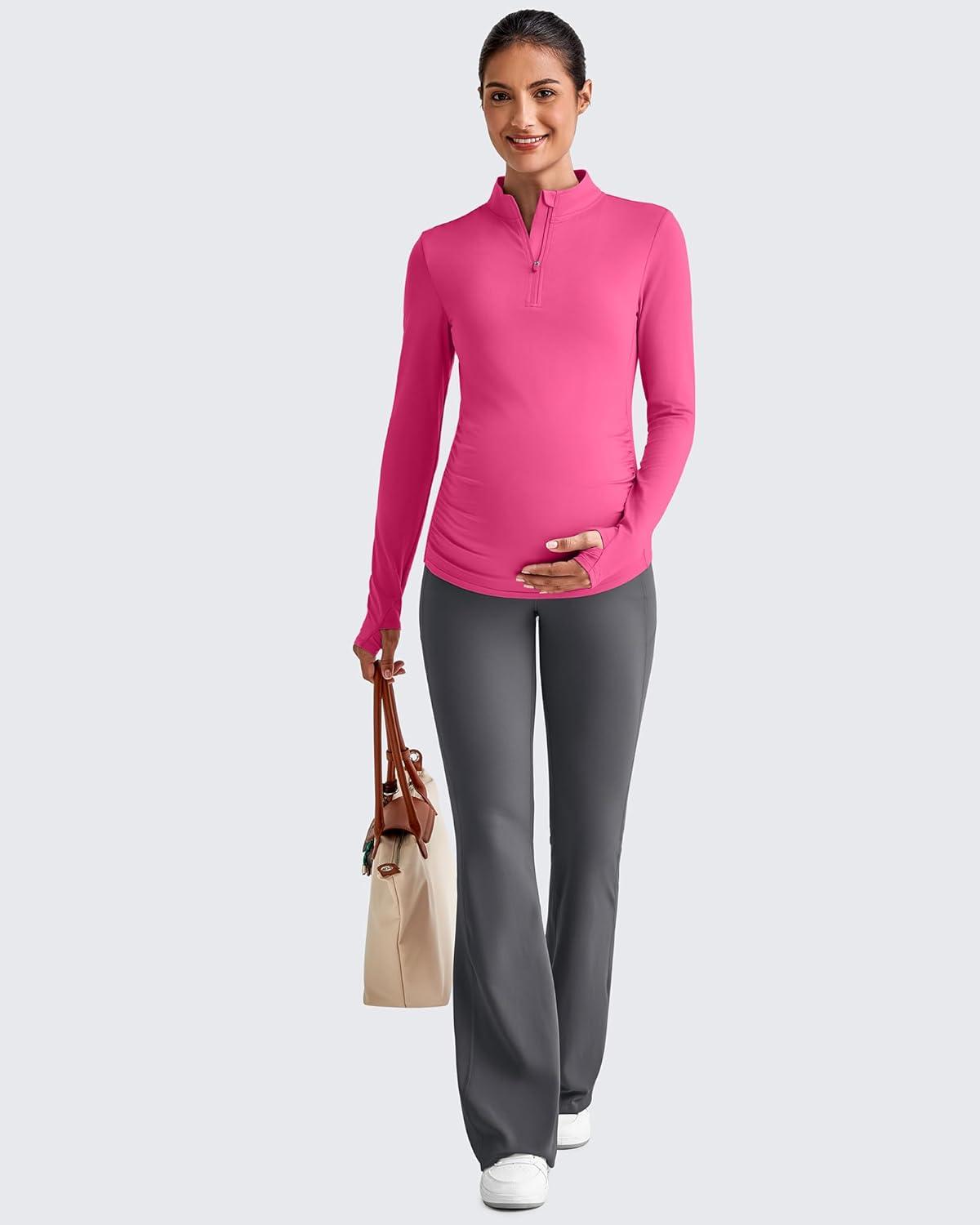 imageG4Free Lightweight Maternity Long Sleeve Workout Tops UPF 50 Rash Guard Half Zip Sun Shirts Ruches Pregnancy PulloverHot Pink