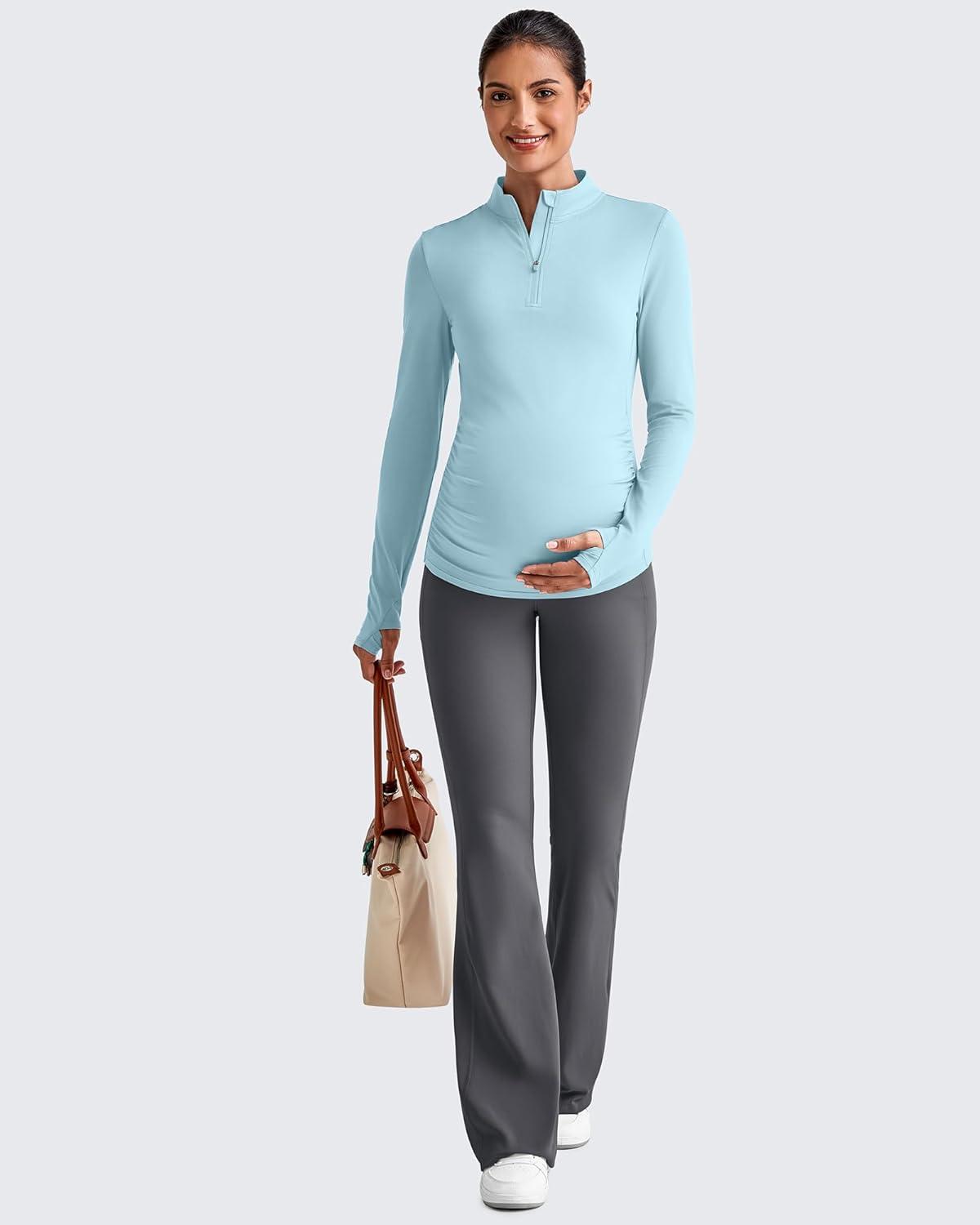 imageG4Free Lightweight Maternity Long Sleeve Workout Tops UPF 50 Rash Guard Half Zip Sun Shirts Ruches Pregnancy PulloverLight Blue