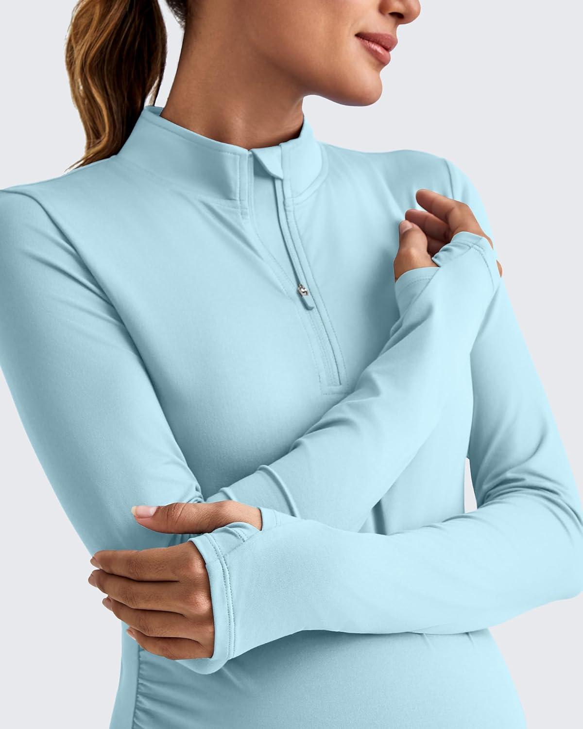 imageG4Free Lightweight Maternity Long Sleeve Workout Tops UPF 50 Rash Guard Half Zip Sun Shirts Ruches Pregnancy PulloverLight Blue