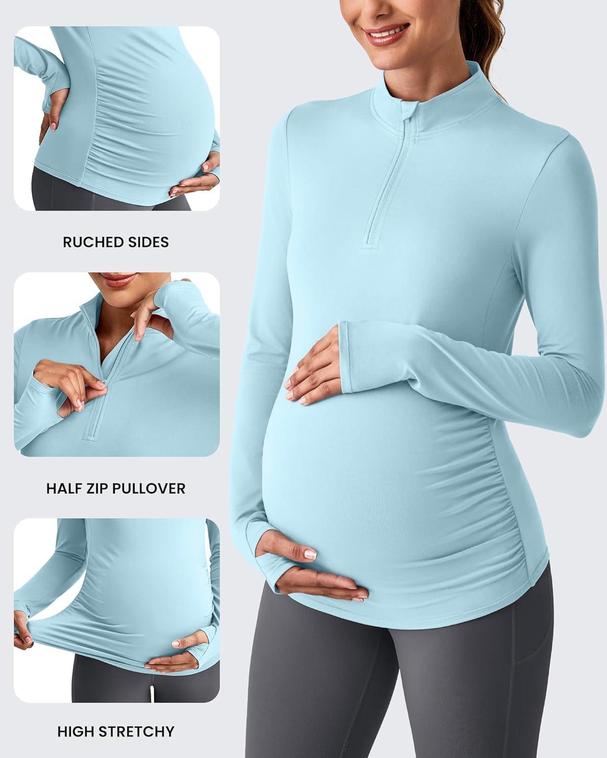 imageG4Free Lightweight Maternity Long Sleeve Workout Tops UPF 50 Rash Guard Half Zip Sun Shirts Ruches Pregnancy PulloverLight Blue