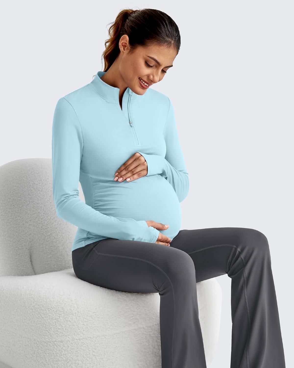 imageG4Free Lightweight Maternity Long Sleeve Workout Tops UPF 50 Rash Guard Half Zip Sun Shirts Ruches Pregnancy PulloverLight Blue