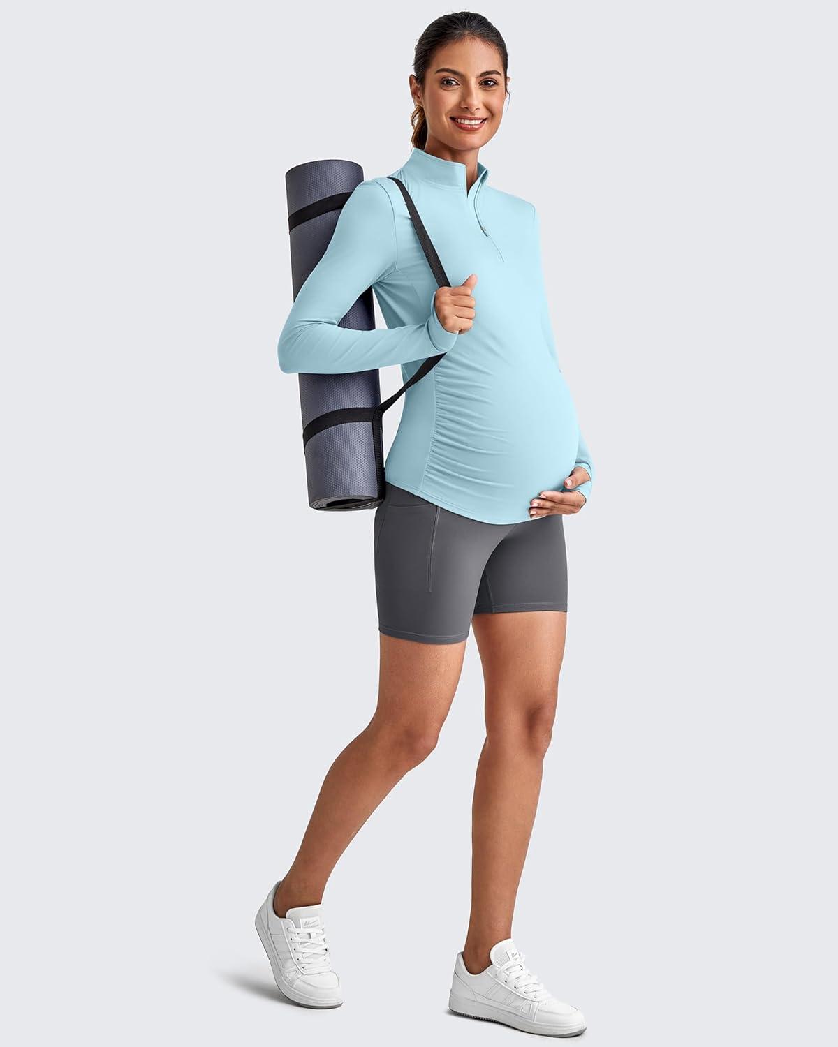 imageG4Free Lightweight Maternity Long Sleeve Workout Tops UPF 50 Rash Guard Half Zip Sun Shirts Ruches Pregnancy PulloverLight Blue
