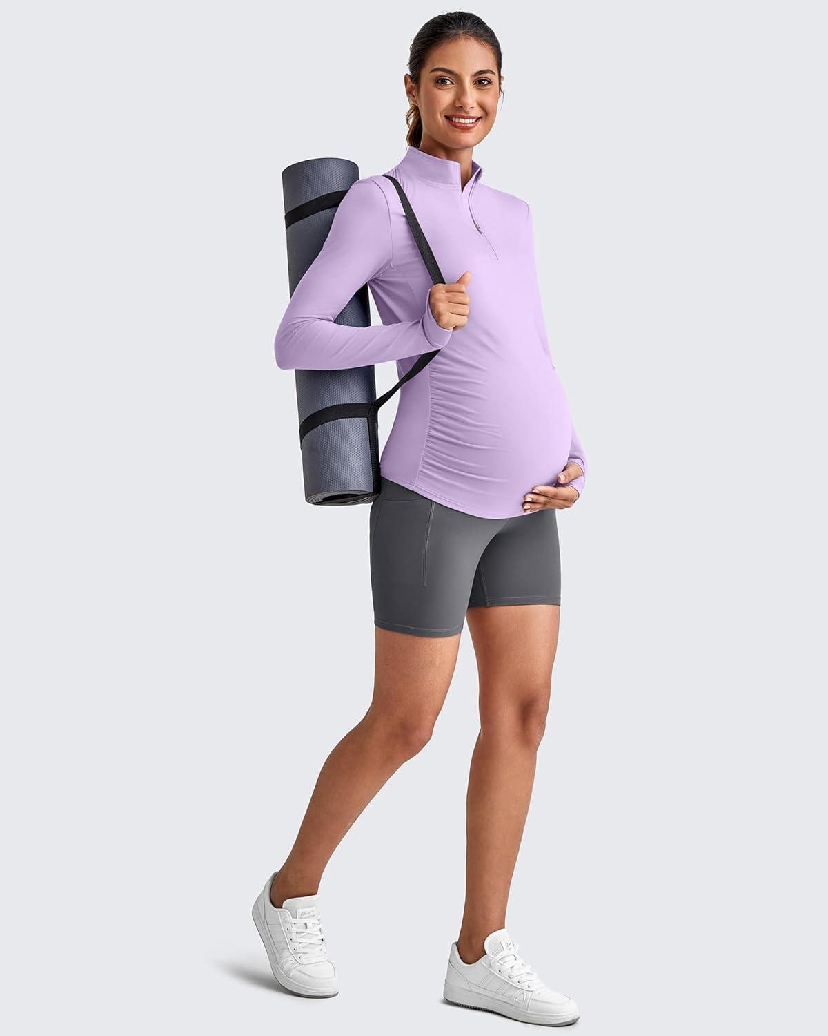 imageG4Free Lightweight Maternity Long Sleeve Workout Tops UPF 50 Rash Guard Half Zip Sun Shirts Ruches Pregnancy PulloverPurple
