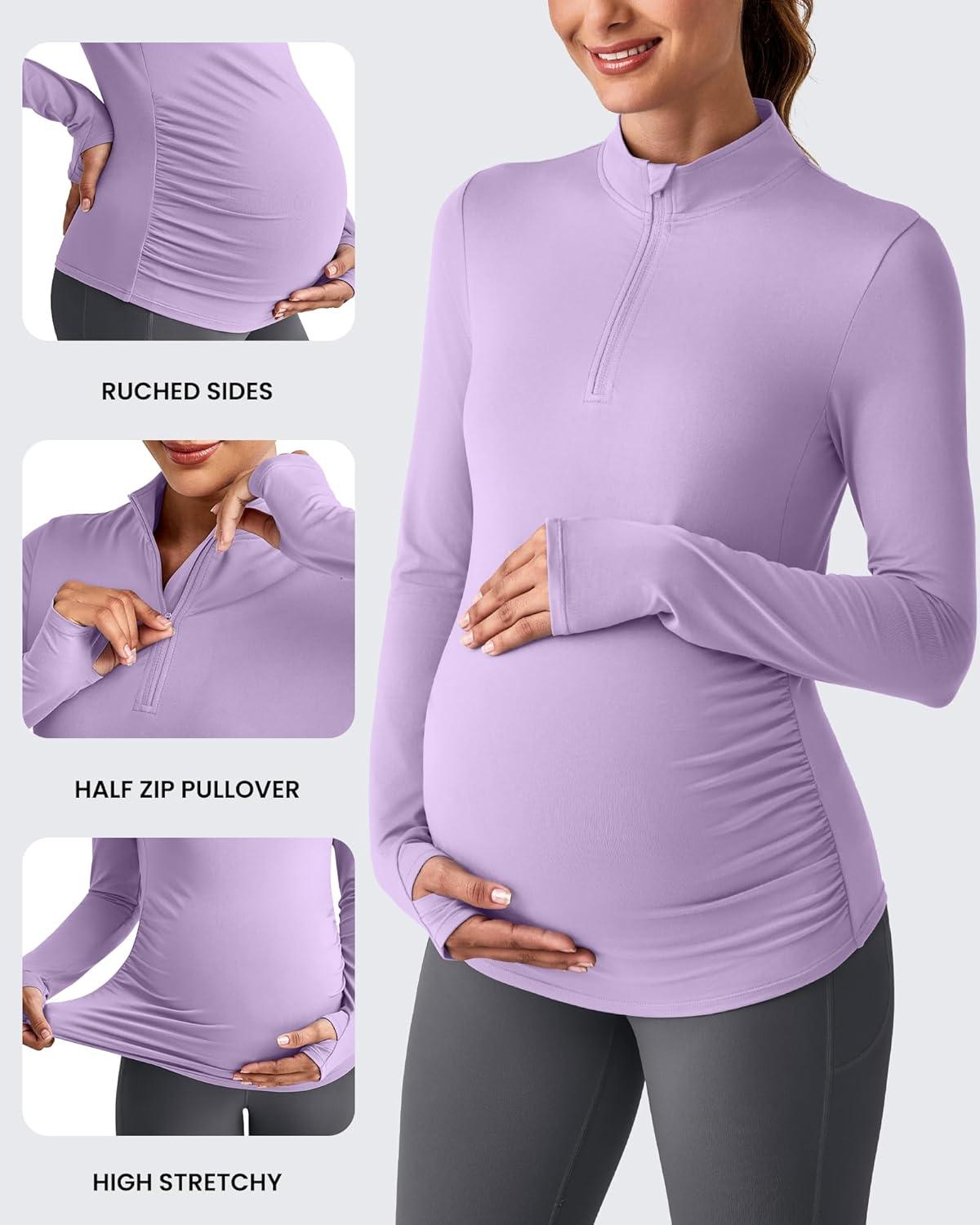 imageG4Free Lightweight Maternity Long Sleeve Workout Tops UPF 50 Rash Guard Half Zip Sun Shirts Ruches Pregnancy PulloverPurple