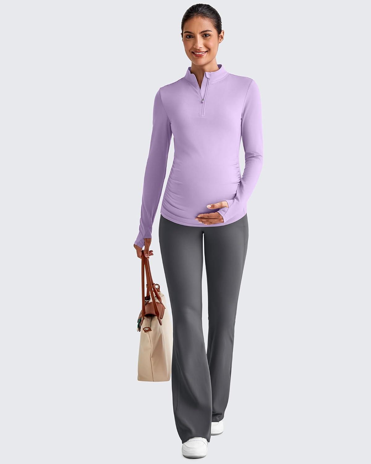 imageG4Free Lightweight Maternity Long Sleeve Workout Tops UPF 50 Rash Guard Half Zip Sun Shirts Ruches Pregnancy PulloverPurple