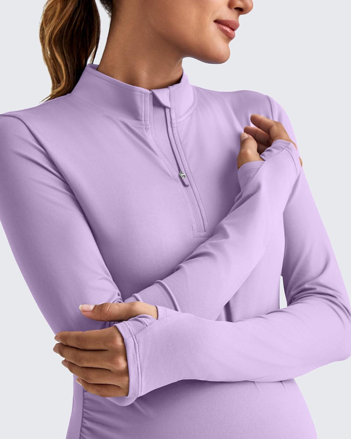 imageG4Free Lightweight Maternity Long Sleeve Workout Tops UPF 50 Rash Guard Half Zip Sun Shirts Ruches Pregnancy PulloverPurple