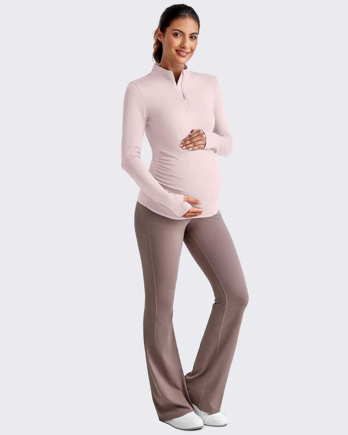 imageG4Free Lightweight Maternity Long Sleeve Workout Tops UPF 50 Rash Guard Half Zip Sun Shirts Ruches Pregnancy PulloverSmoky Blush