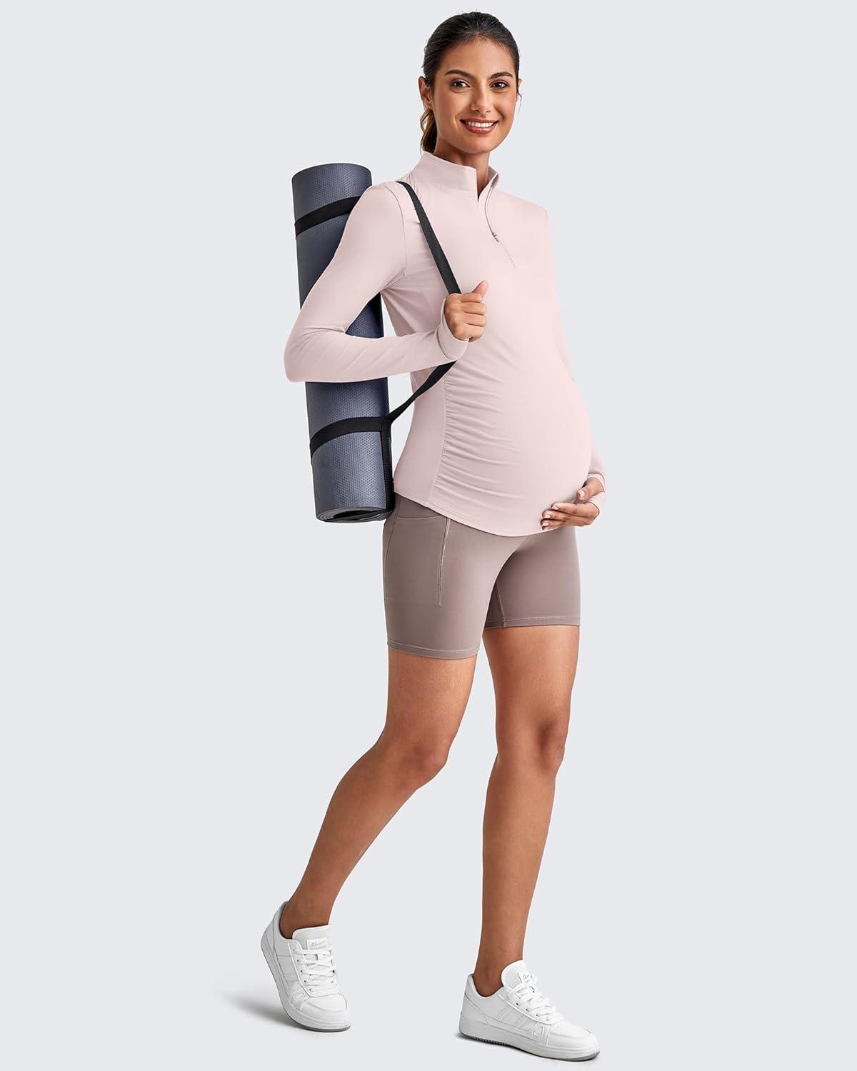 imageG4Free Lightweight Maternity Long Sleeve Workout Tops UPF 50 Rash Guard Half Zip Sun Shirts Ruches Pregnancy PulloverSmoky Blush