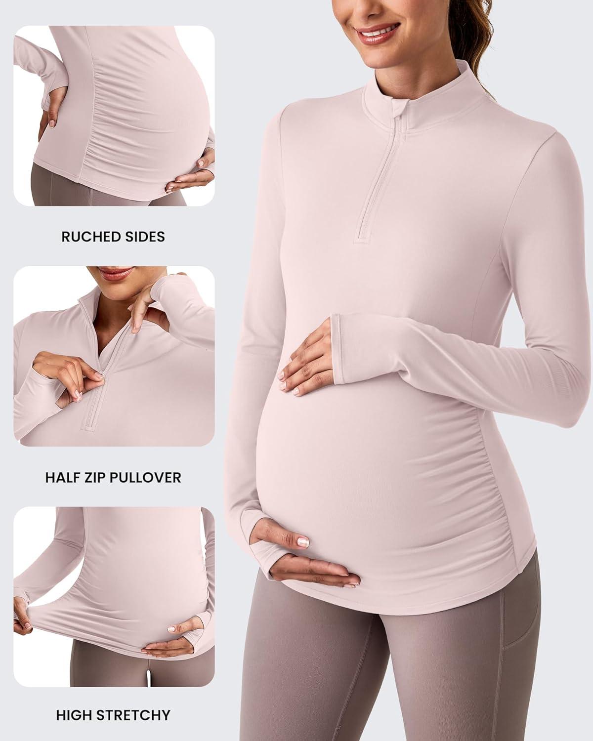 imageG4Free Lightweight Maternity Long Sleeve Workout Tops UPF 50 Rash Guard Half Zip Sun Shirts Ruches Pregnancy PulloverSmoky Blush