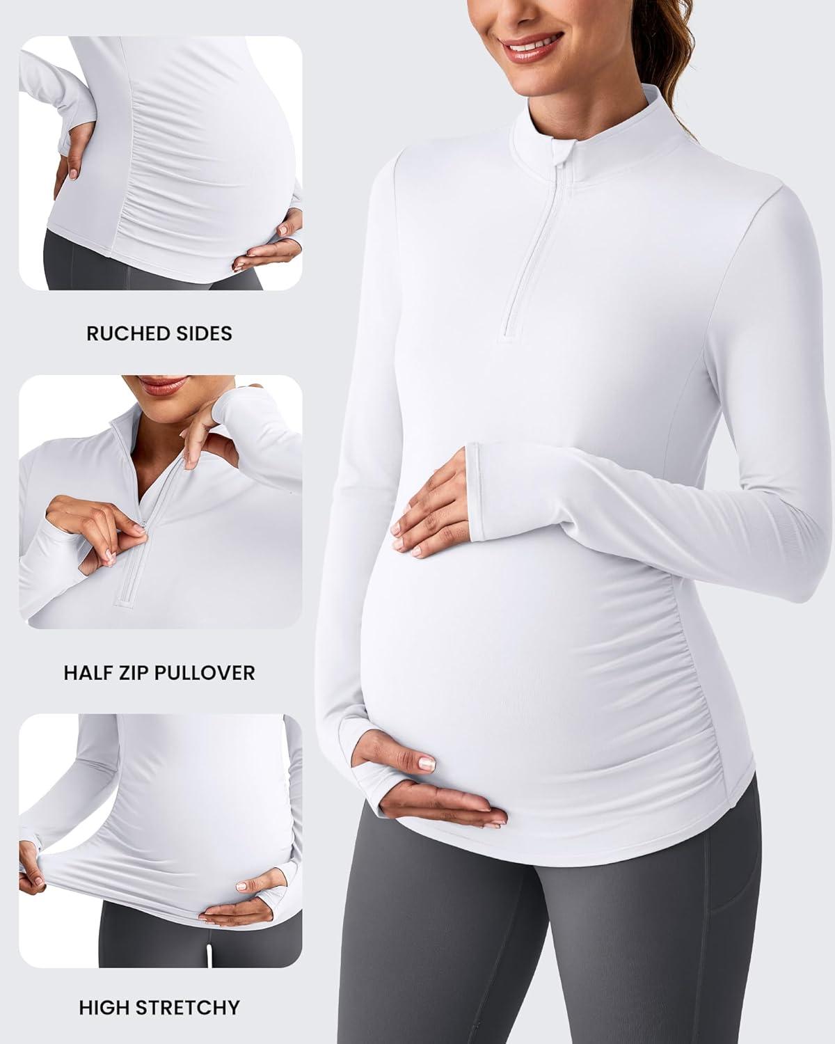 imageG4Free Lightweight Maternity Long Sleeve Workout Tops UPF 50 Rash Guard Half Zip Sun Shirts Ruches Pregnancy PulloverWhite