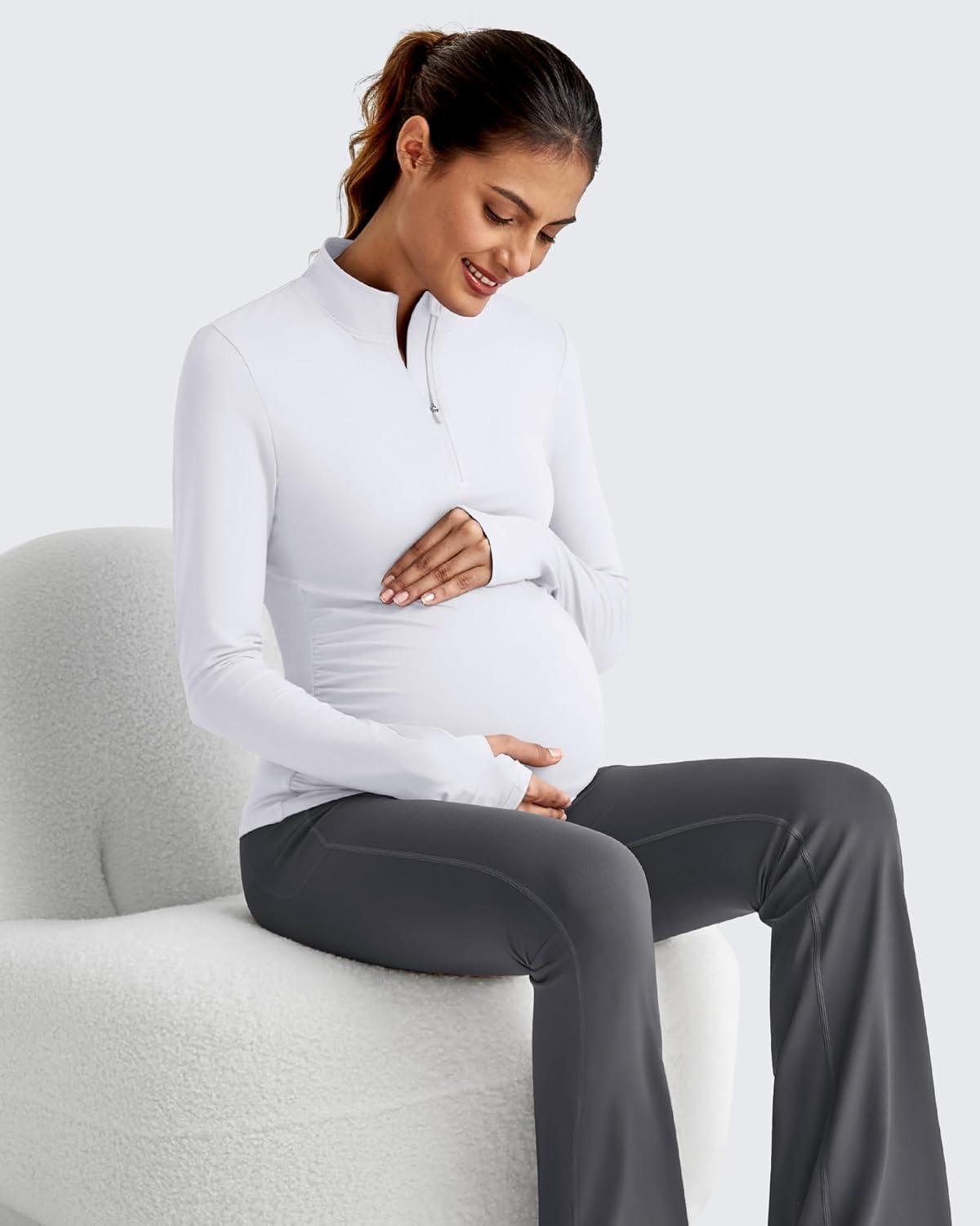 imageG4Free Lightweight Maternity Long Sleeve Workout Tops UPF 50 Rash Guard Half Zip Sun Shirts Ruches Pregnancy PulloverWhite