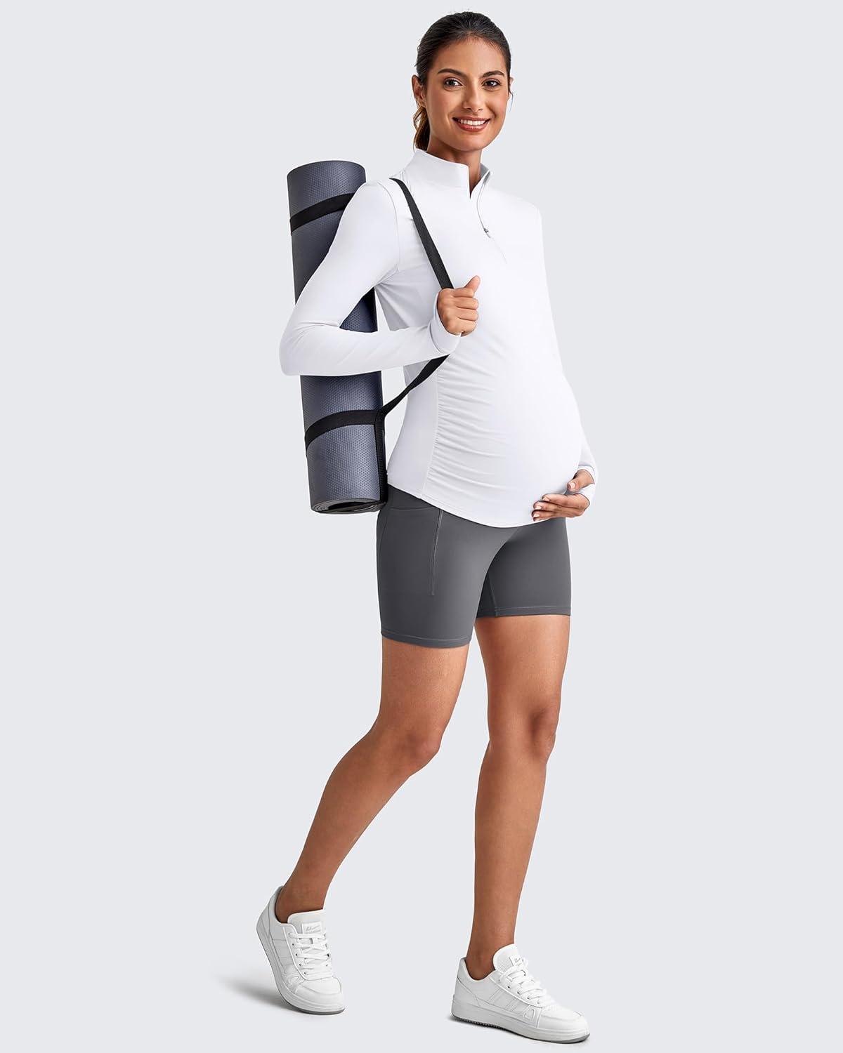 imageG4Free Lightweight Maternity Long Sleeve Workout Tops UPF 50 Rash Guard Half Zip Sun Shirts Ruches Pregnancy PulloverWhite