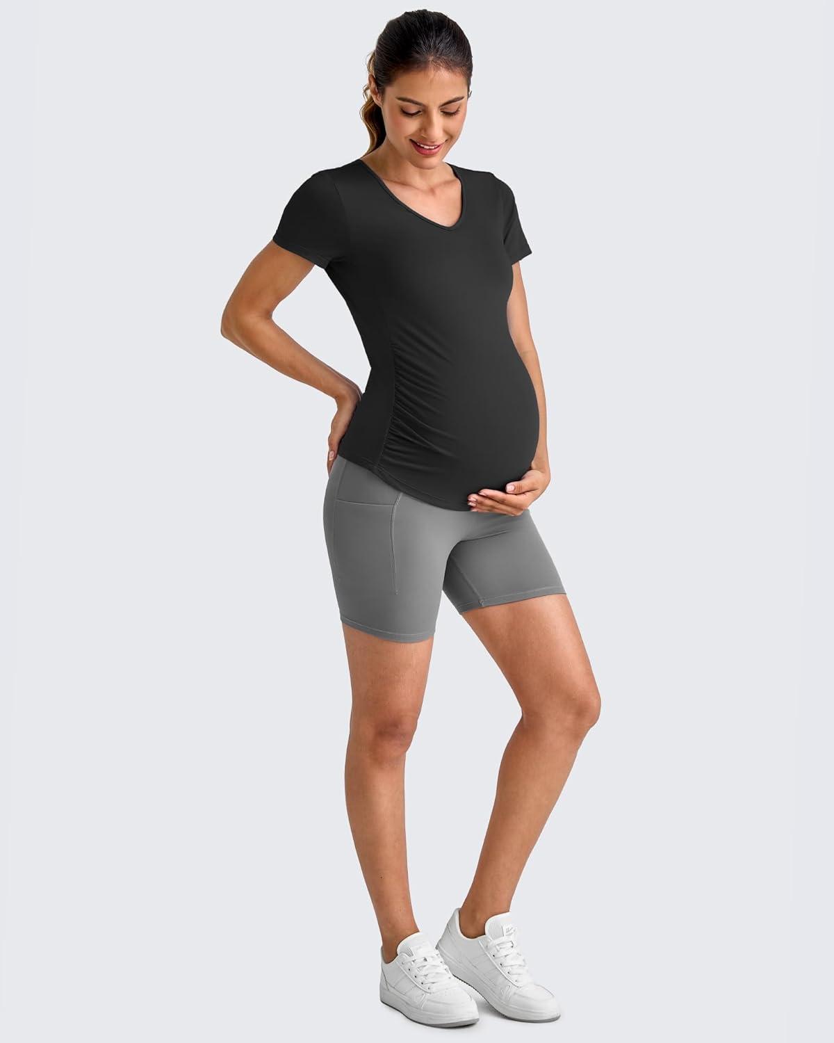 imageG4Free Lightweight Maternity Shirts Short Sleeve V Neck Pregnancy Workout Tops Side Ruched Stretchy Yoga Lounge TeesBlack