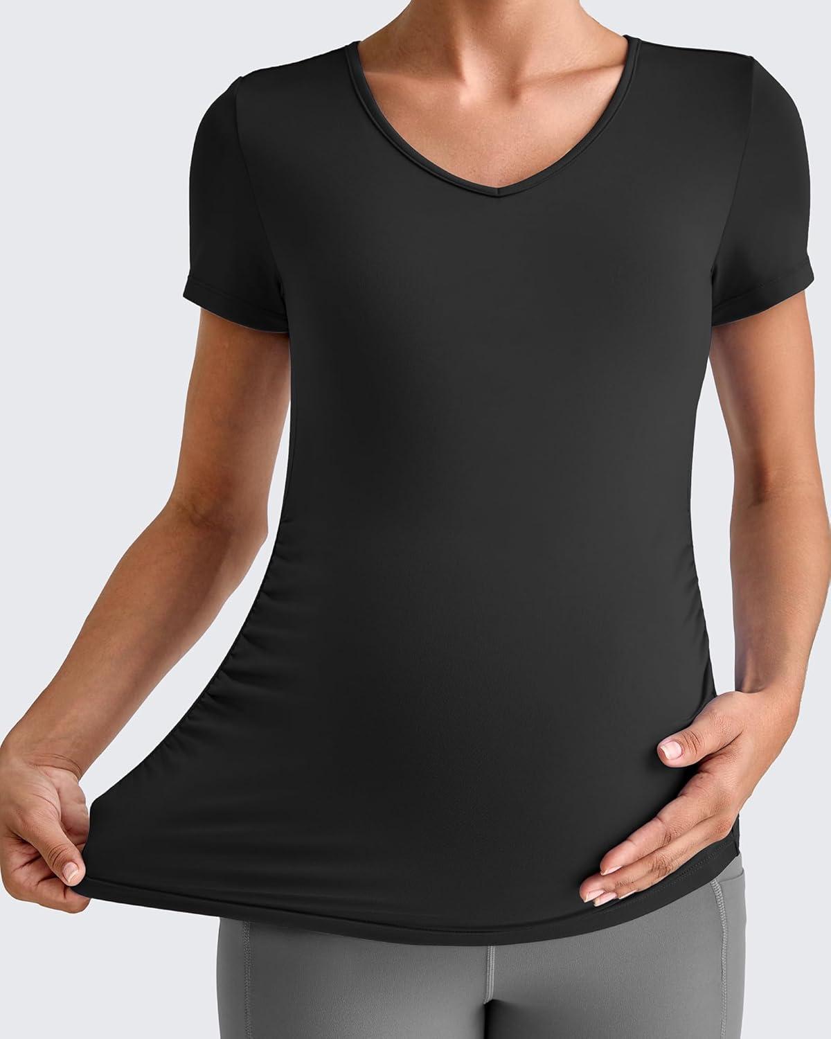 imageG4Free Lightweight Maternity Shirts Short Sleeve V Neck Pregnancy Workout Tops Side Ruched Stretchy Yoga Lounge TeesBlack