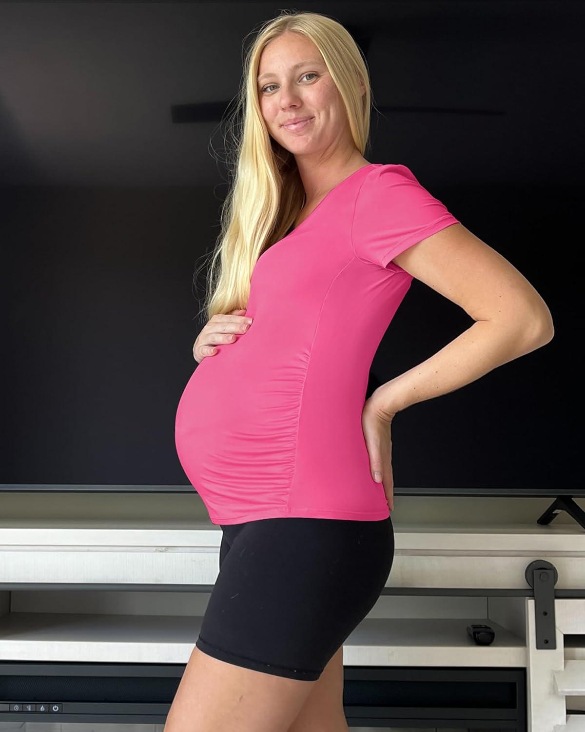 imageG4Free Lightweight Maternity Shirts Short Sleeve V Neck Pregnancy Workout Tops Side Ruched Stretchy Yoga Lounge TeesHot Pink
