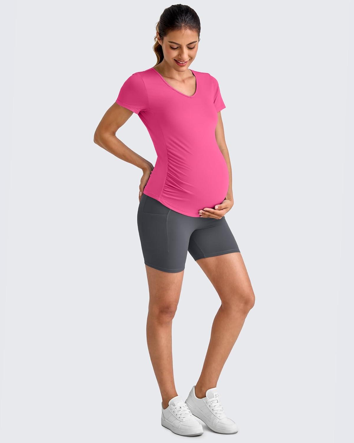imageG4Free Lightweight Maternity Shirts Short Sleeve V Neck Pregnancy Workout Tops Side Ruched Stretchy Yoga Lounge TeesHot Pink